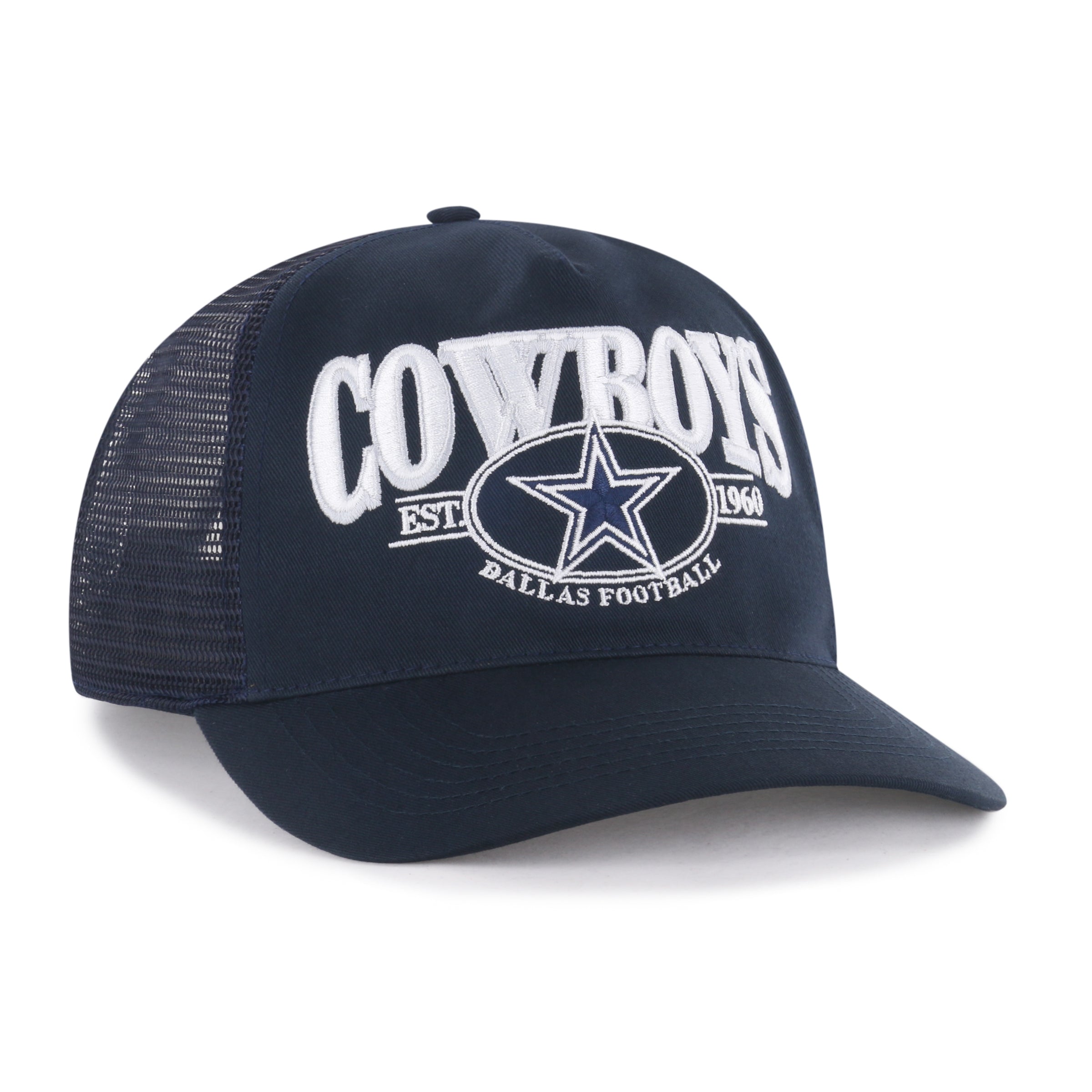 Gorra '47 Hitch RF Dallas Cowboys NFL Deluxia en azul marino, algodón con malla mesh trasera, silueta Relaxed Fit sin estructura con logo y nombre de los Cowboys bordado al frente y emblema '47 lateral, cierre strapback ajustable