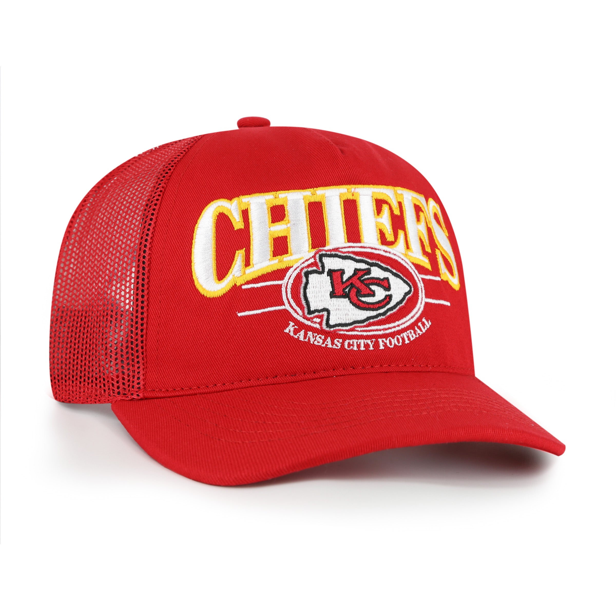 Gorra '47 Hitch Kansas City Chiefs NFL Deluxia en rojo, algodón con malla mesh trasera, visera semicurva con estructura, logo y nombre de los Chiefs bordado al frente y emblema '47 lateral, cierre snapback ajustable