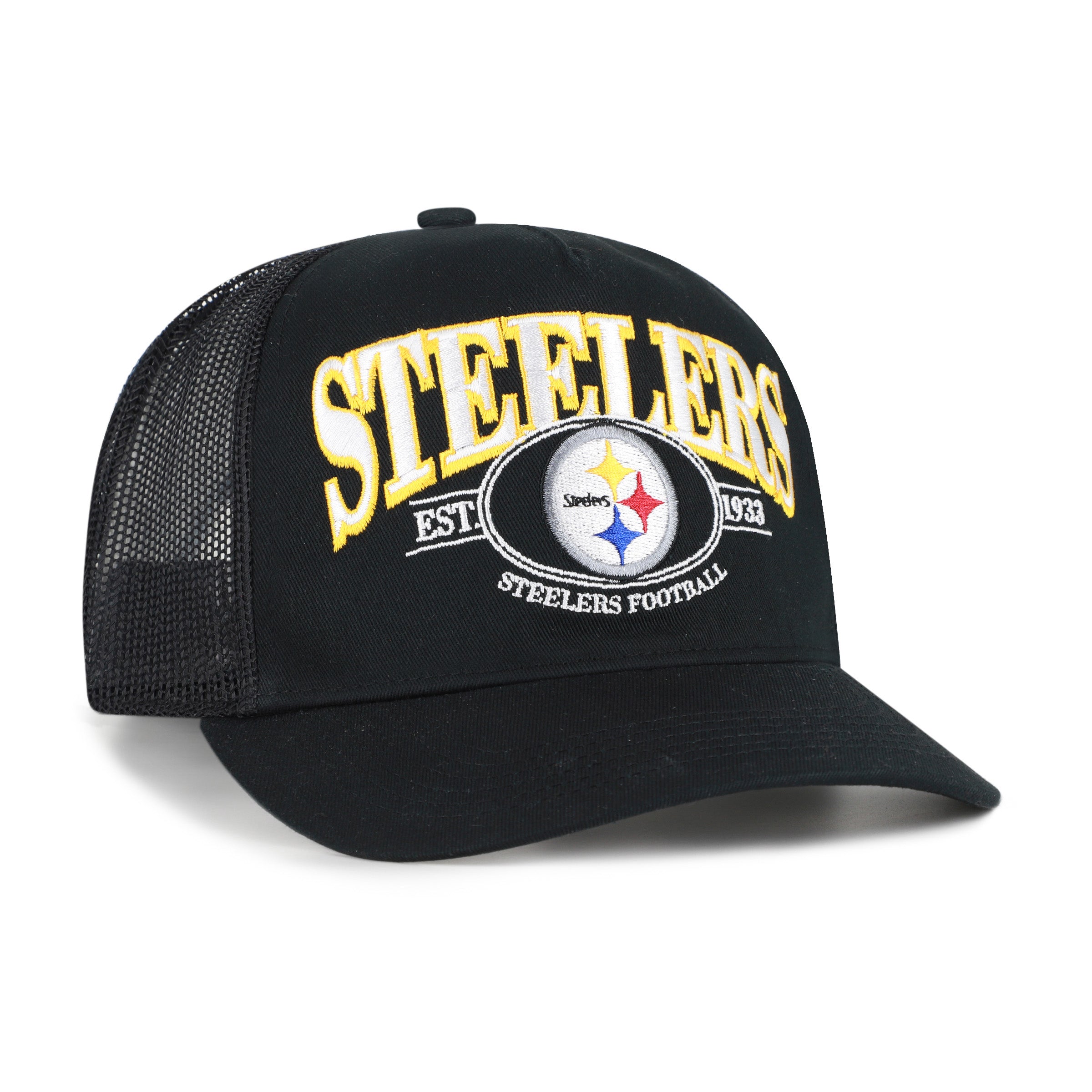 Gorra '47 Hitch Pittsburgh Steelers NFL Deluxia en negro, algodón con malla mesh trasera, visera semicurva con estructura, logo y nombre de los Steelers bordado al frente y emblema '47 lateral, cierre snapback ajustable