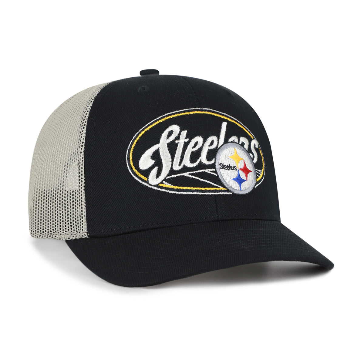 Gorra '47 Trucker Pittsburgh Steelers NFL Enfield negro en algodón y mesh, logo y nombre Steelers bordado al frente y snapback ajustable