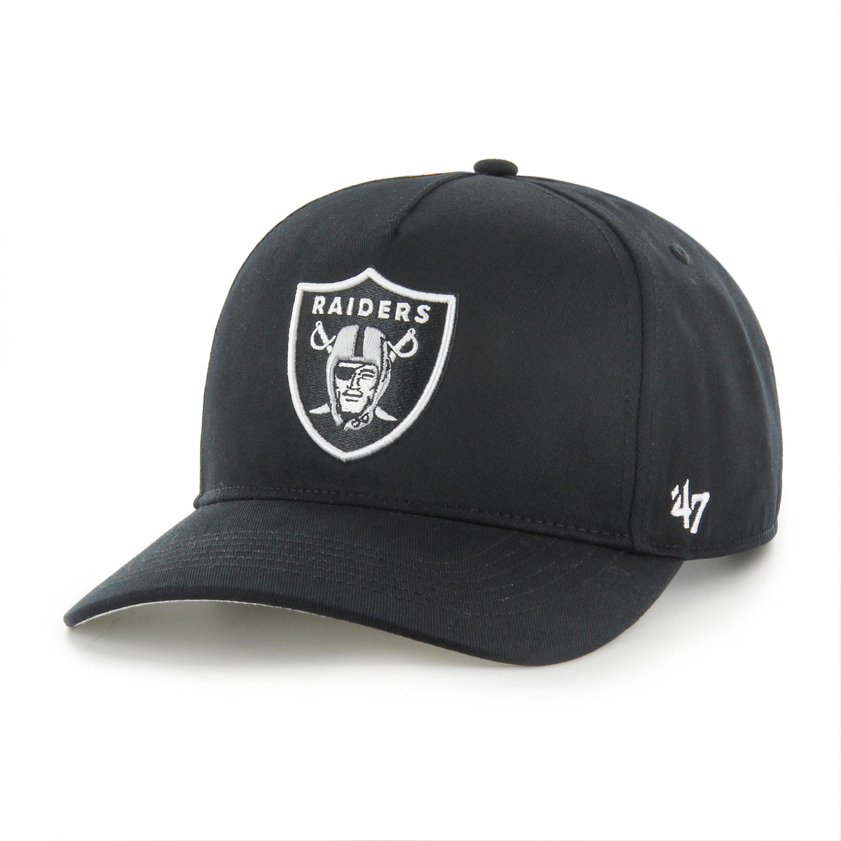 Gorra '47 Hitch RF Las Vegas Raiders negro en algodón con cordón en visor, ciudad bordada al frente, logo Raiders lado derecho y snapback ajustable