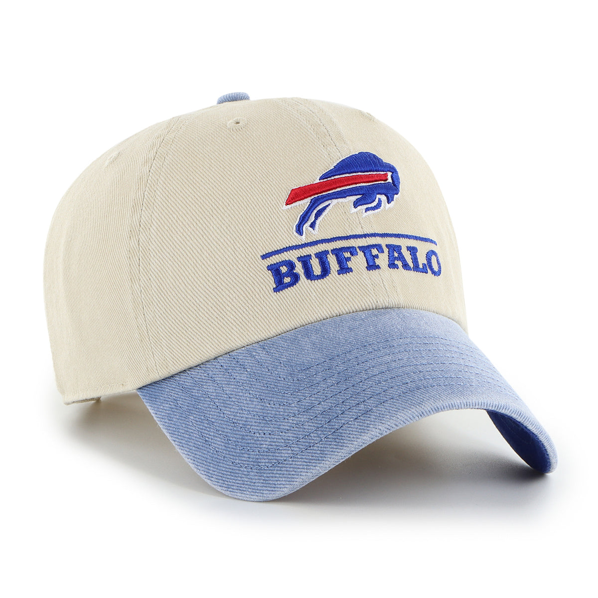 Gorra '47 Clean Up Buffalo Bills NFL Logo Line Two Tone color Beige en algodón, logo y nombre Bills bordado al frente y strapback ajustable