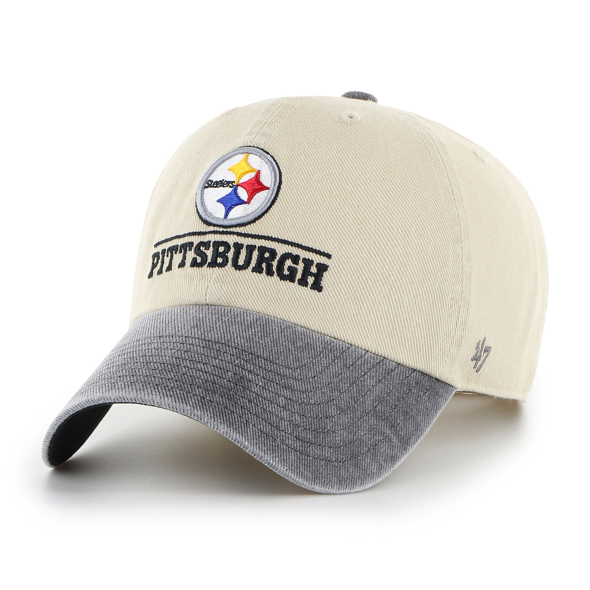 Gorra '47 Clean Up Pittsburgh Steelers NFL Logo Line Two Tone color Beige en algodón, logo y nombre Steelers bordado al frente y strapback ajustable