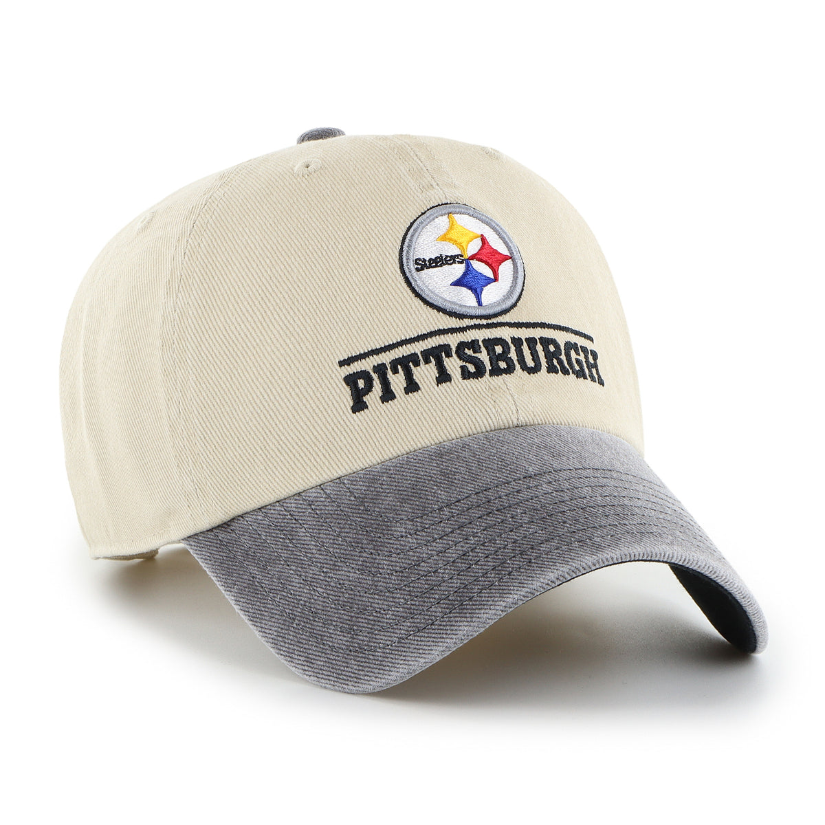 Gorra '47 Clean Up Pittsburgh Steelers NFL Logo Line Two Tone color Beige en algodón, logo y nombre Steelers bordado al frente y strapback ajustable