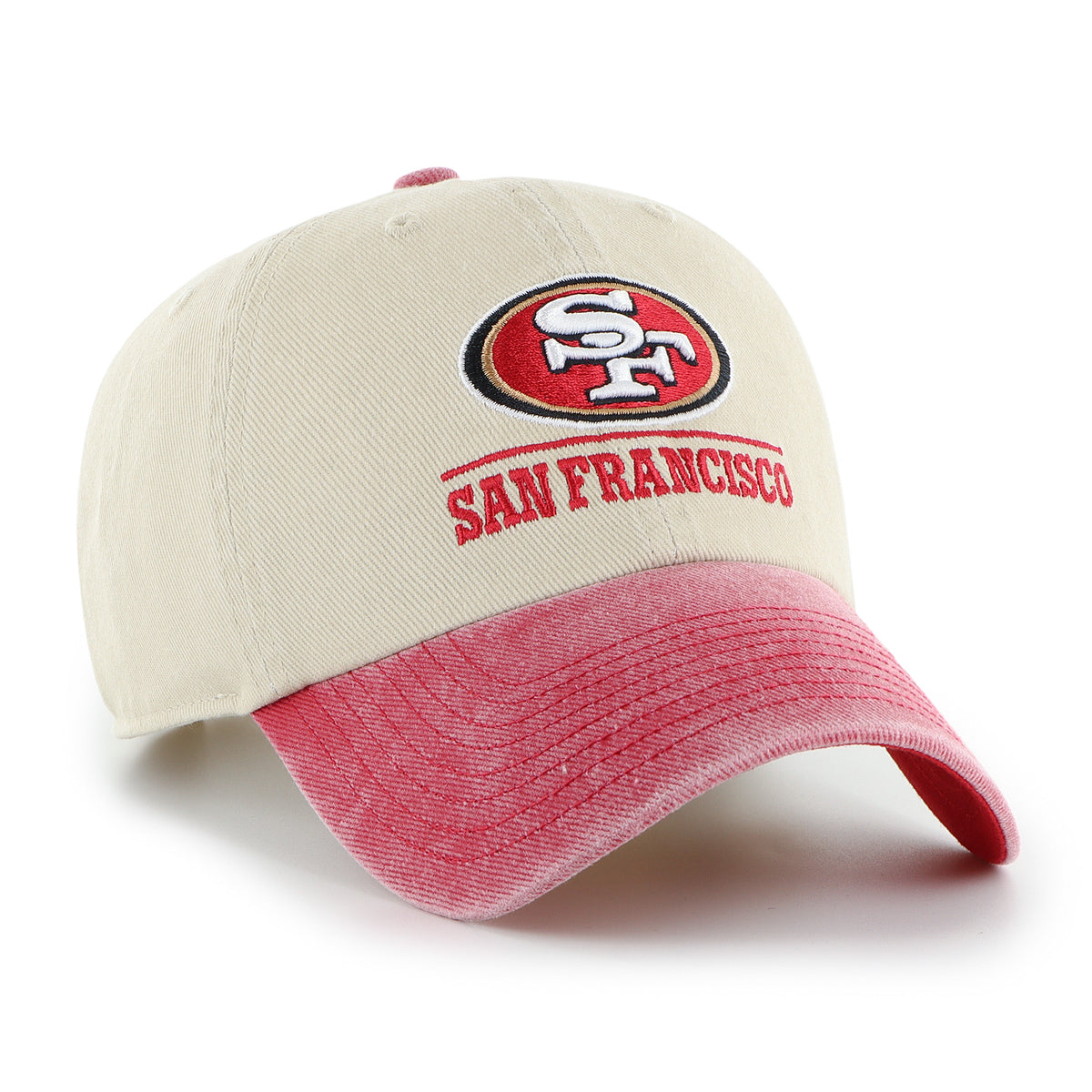 Gorra '47 Clean Up San Francisco 49ers NFL Logo Line Two Tone color beige en algodón, logo y nombre 49ers bordado al frente y strapback ajustable
