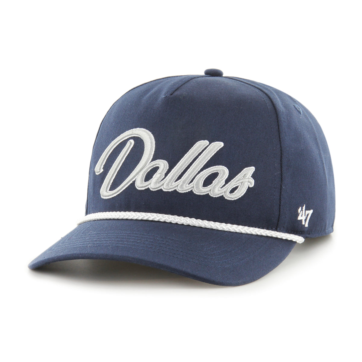 Gorra '47 Hitch RF Dallas Cowboys NFL Overhand azul marino en algodón con cordón en visor, ciudad bordada al frente, logo Cowboys lateral derecho y snapback ajustable