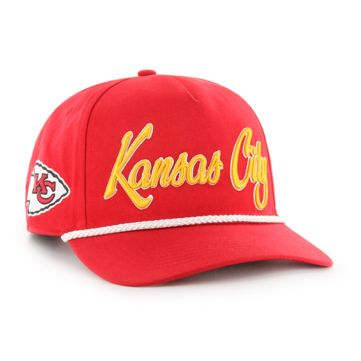 Gorra '47 Hitch RF Kansas City Chiefs NFL Overhand rojo en algodón con cordón en visor, ciudad bordada al frente, logo Chiefs lateral derecho y snapback ajustable