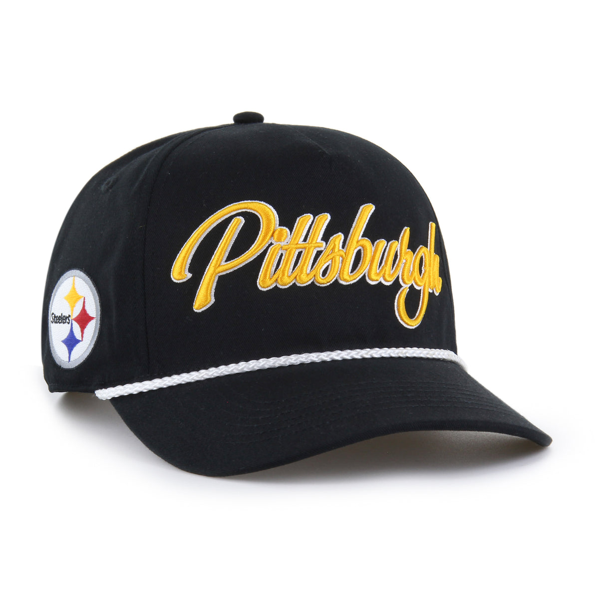 Gorra '47 Hitch RF Pittsburgh Steelers NFL Overhand negro en algodón con cordón en visor, ciudad bordada al frente, logo Steelers lateral derecho y snapback ajustable