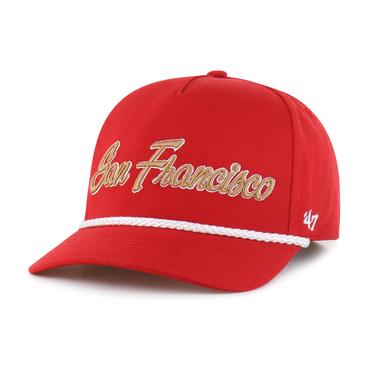 Gorra '47 Hitch RF San Francisco 49ers NFL Overhand rojo en algodón con cordón en visor, ciudad bordada al frente, logo 49ers lateral derecho y snapback ajustable