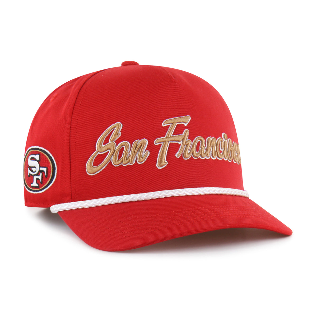 Gorra '47 Hitch RF San Francisco 49ers NFL Overhand rojo en algodón con cordón en visor, ciudad bordada al frente, logo 49ers lateral derecho y snapback ajustable
