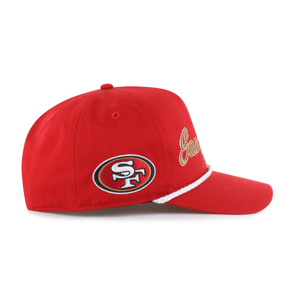 Gorra '47 Hitch RF San Francisco 49ers NFL Overhand rojo en algodón con cordón en visor, ciudad bordada al frente, logo 49ers lateral derecho y snapback ajustable