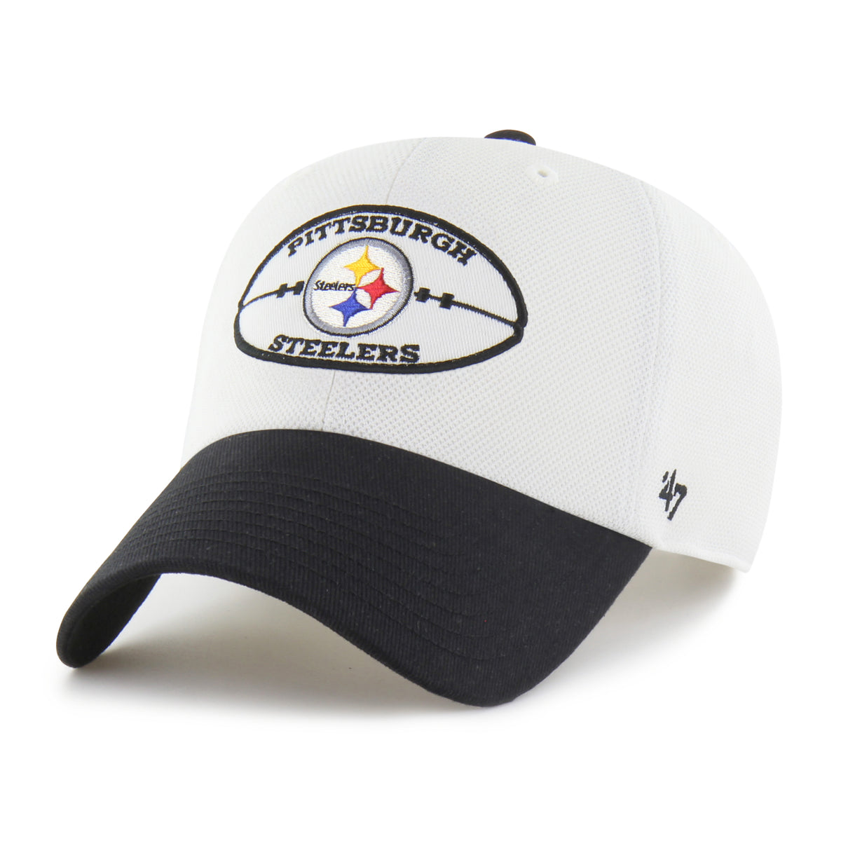 Pittsburgh Steelers NFL Pique Patch ’47 Clean Up color Blanco, corona clara y visera negra curva, parche frontal con logo del equipo e inscripciones PITTSBURGH y STEELERS con contorno negro, emblema ’47 negro lateral y ajuste strapback.