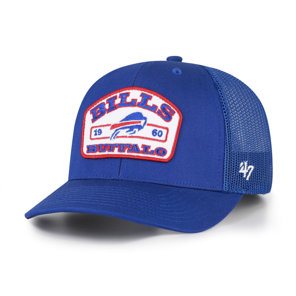 Buffalo Bills NFL Roadway Strap ’47 Trucker color Azul rey, frente y malla azul rey, visera semicurva, parche blanco con borde rojo, búfalo azul con franja roja e inscripciones BILLS y BUFFALO al frente, emblema ’47 blanco lateral y cierre trasero ajustable de velcro.