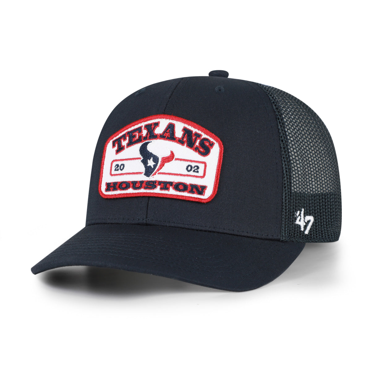 Houston Texans NFL Roadway Strap ’47 Trucker color Azul marino, frente y malla azul marino, visera semicurva, parche blanco con borde rojo, logo de cabeza de toro e inscripciones TEXANS y HOUSTON al frente, emblema ’47 blanco lateral y cierre trasero ajustable de velcro.