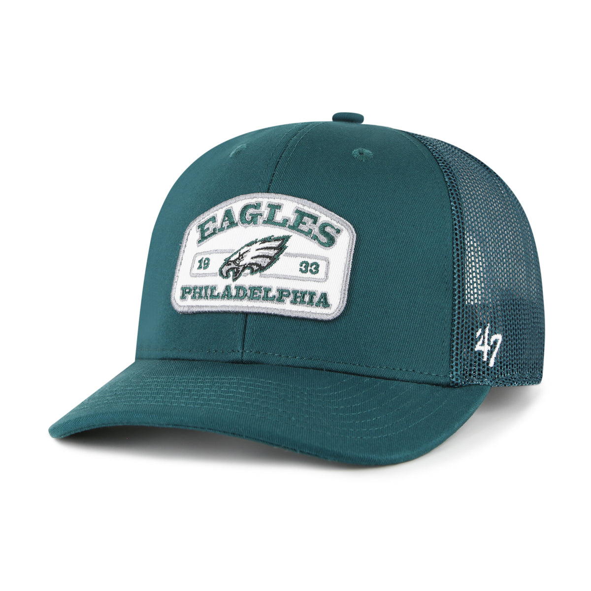 Philadelphia Eagles NFL Roadway Strap ’47 Trucker color Verde azulado, frente y malla verde azulado, visera semicurva, parche blanco con borde gris, logo de cabeza de águila e inscripciones EAGLES y PHILADELPHIA al frente, emblema ’47 blanco lateral y cierre trasero ajustable de velcro.