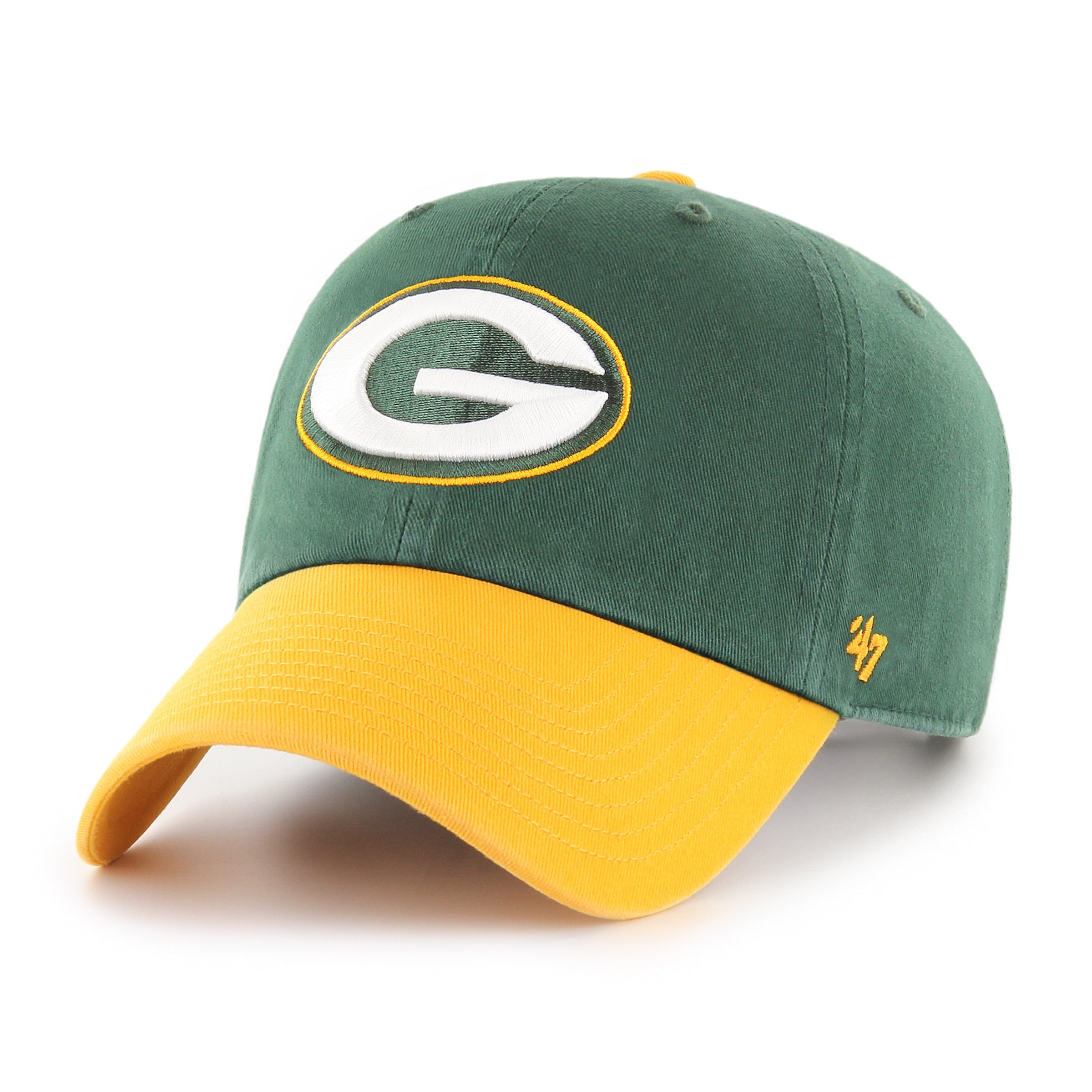 Gorra '47 Clean Up Green Bay Packers NFL Two Tone en algodón verde, visera curva sin estructura con logo bordado de los Packers al frente y emblema '47 en el lateral, cierre strapback ajustable