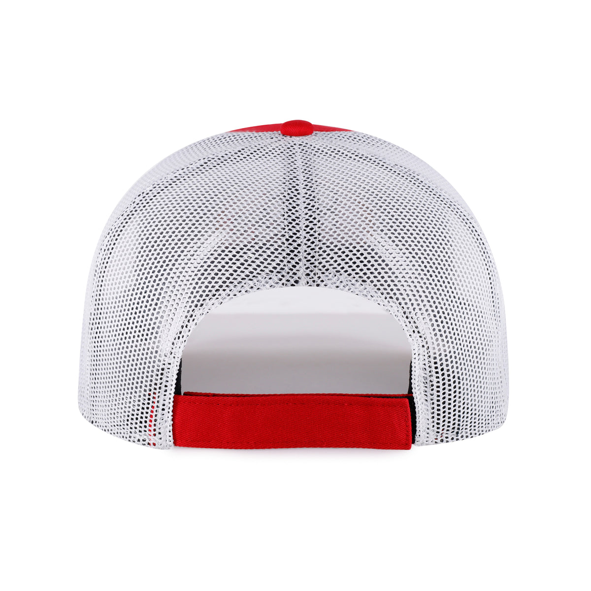 San Francisco 49ers NFL ’47 Trucker color Rojo, frente rojo y malla blanca, visera roja semicurva, logo SF bordado en blanco con contornos negro y dorado al frente, emblema ’47 rojo lateral y correa trasera ajustable.