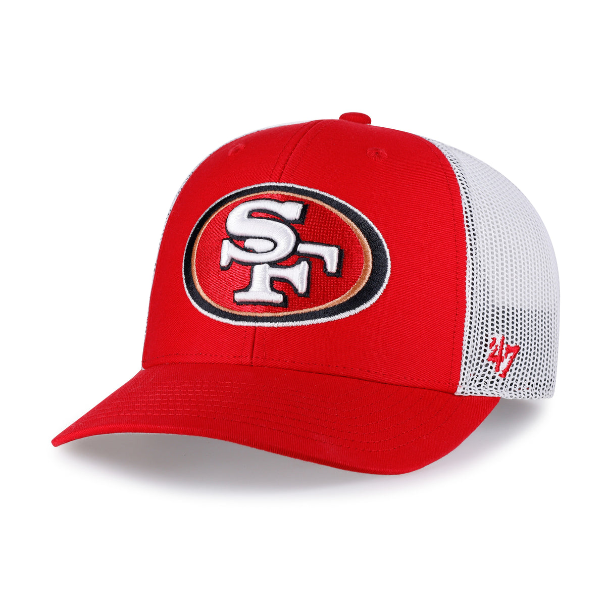 San Francisco 49ers NFL ’47 Trucker color Rojo, frente rojo y malla blanca, visera roja semicurva, logo SF bordado en blanco con contornos negro y dorado al frente, emblema ’47 rojo lateral y correa trasera ajustable.