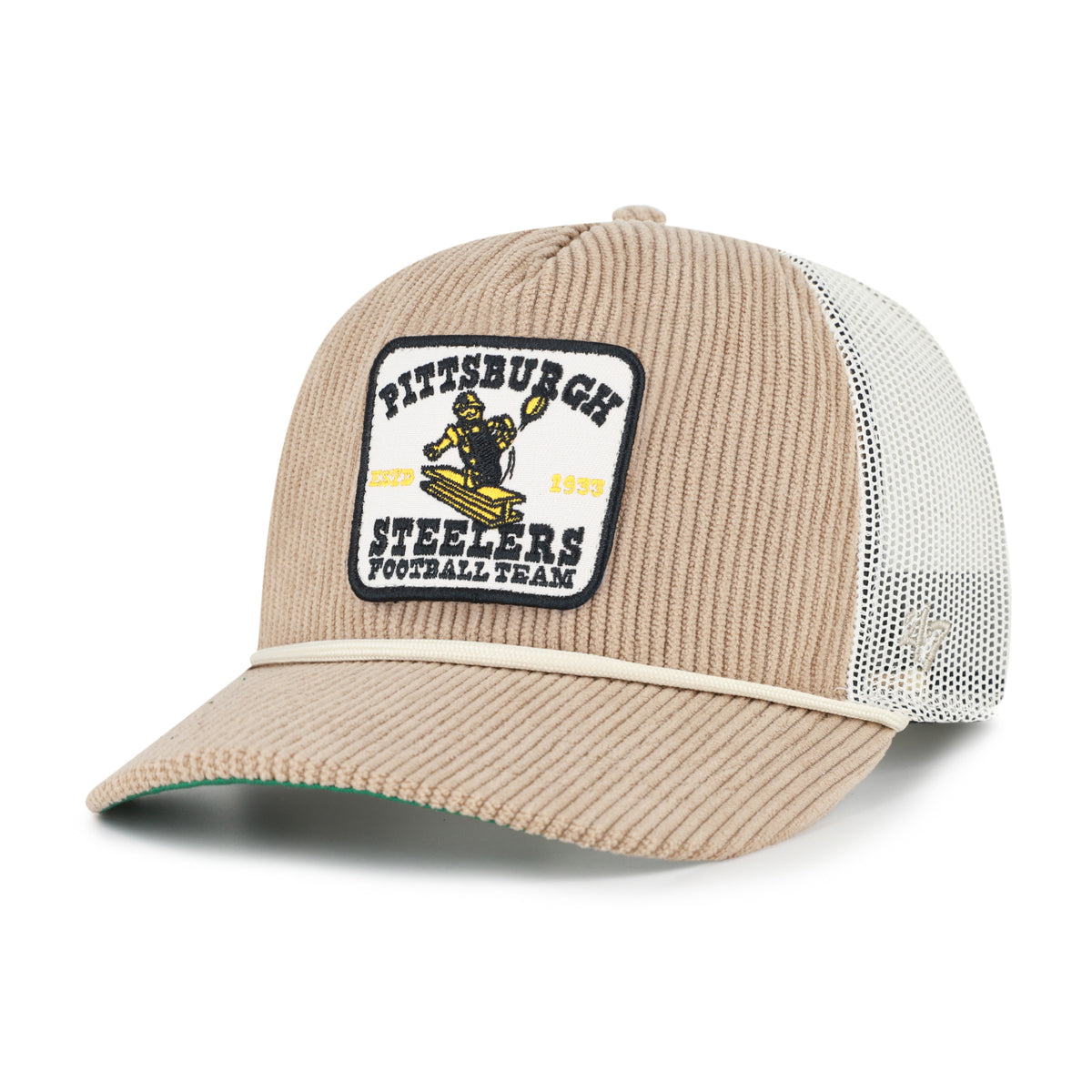 Gorra '47 Hitch RF Pittsburgh Steelers NFL Cord Land caqui en pana con malla mesh trasera, plate con logo y nombre Steelers bordado al frente y snapback ajustable