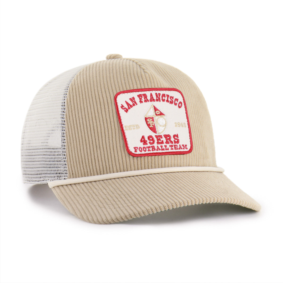 Gorra '47 Hitch RF San Francisco 49ers NFL Cord Land caqui en pana con malla mesh trasera, plate con logo y nombre 49ers bordado al frente y snapback ajustable