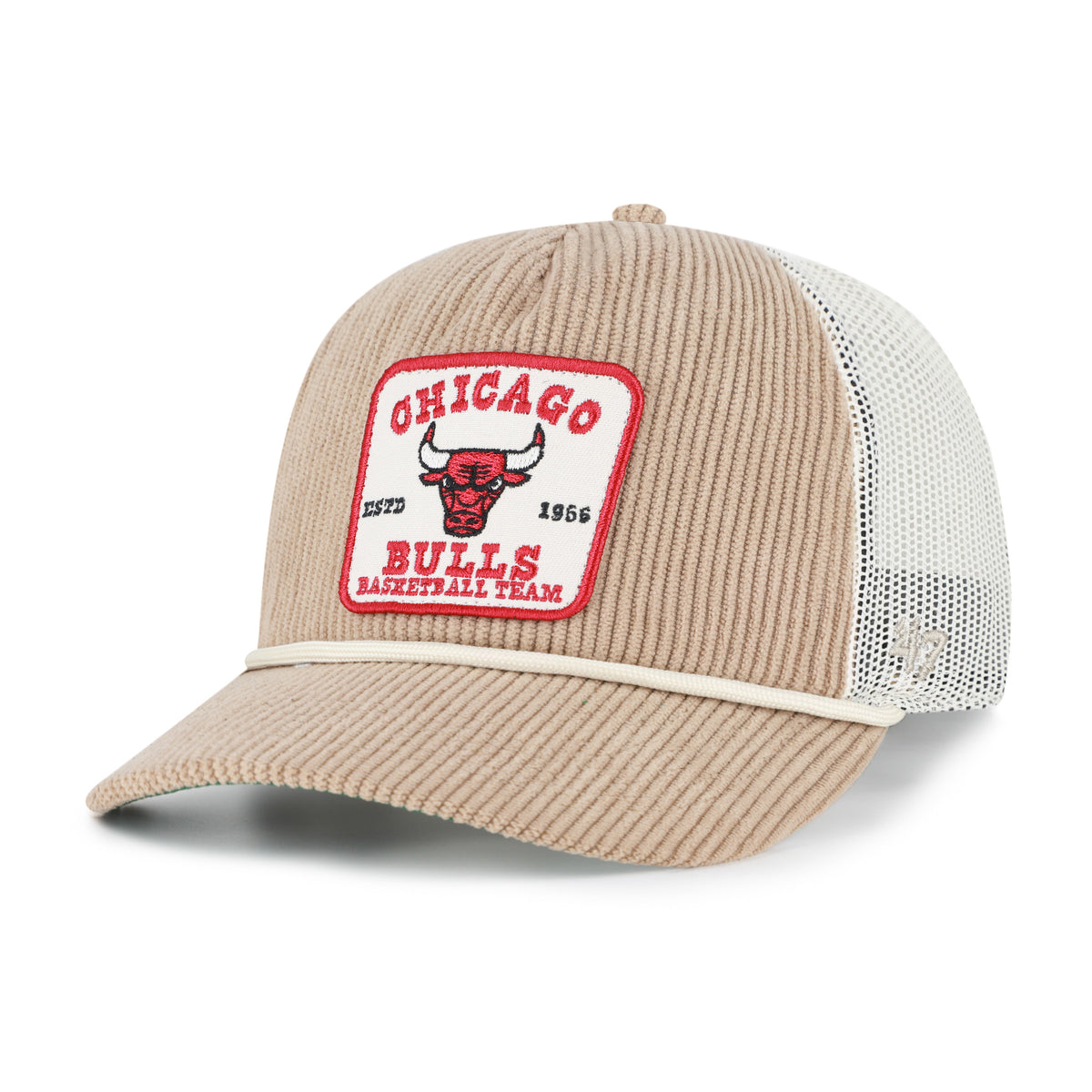 Gorra '47 Hitch RF Chicago Bulls NBA Cord Land caqui en pana con malla mesh trasera, plate con logo y nombre Bulls bordado al frente y snapback ajustable