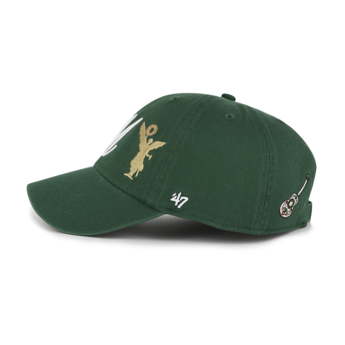Gorra '47 Clean Up México Collection City Icon verde oscuro en algodón con Ángel de la Independencia y M bordados al frente, guitarra bordada en la espalda y strapback ajustable