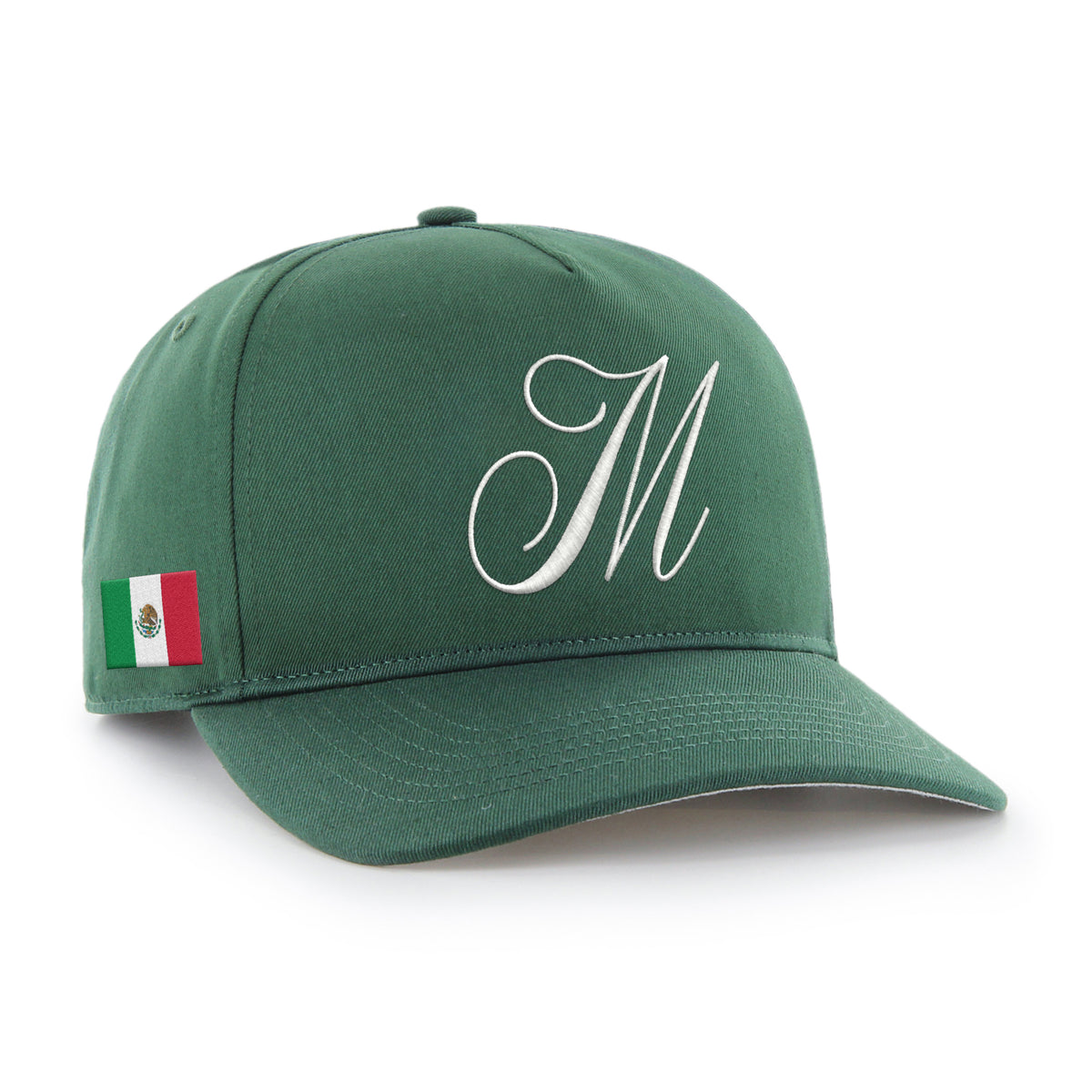 Gorra '47 Hitch México Collection verde oscuro en algodón con M bordada al frente, bandera de México en lado derecho y snapback ajustable