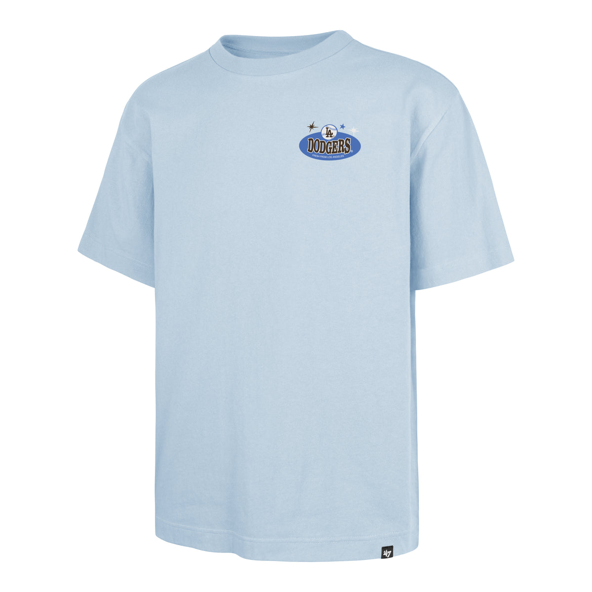 Playera Manga Corta ’47 Los Angeles Dodgers MLB Ice Cream color azul claro, corte regular y cuello redondo, estampado pequeño Dodgers y logo LA en el pecho izquierdo, gráfico trasero con letras DODGERS azules, casco azul con helado color caramelo, logo LA e inscripción Fresh from Los Angeles.