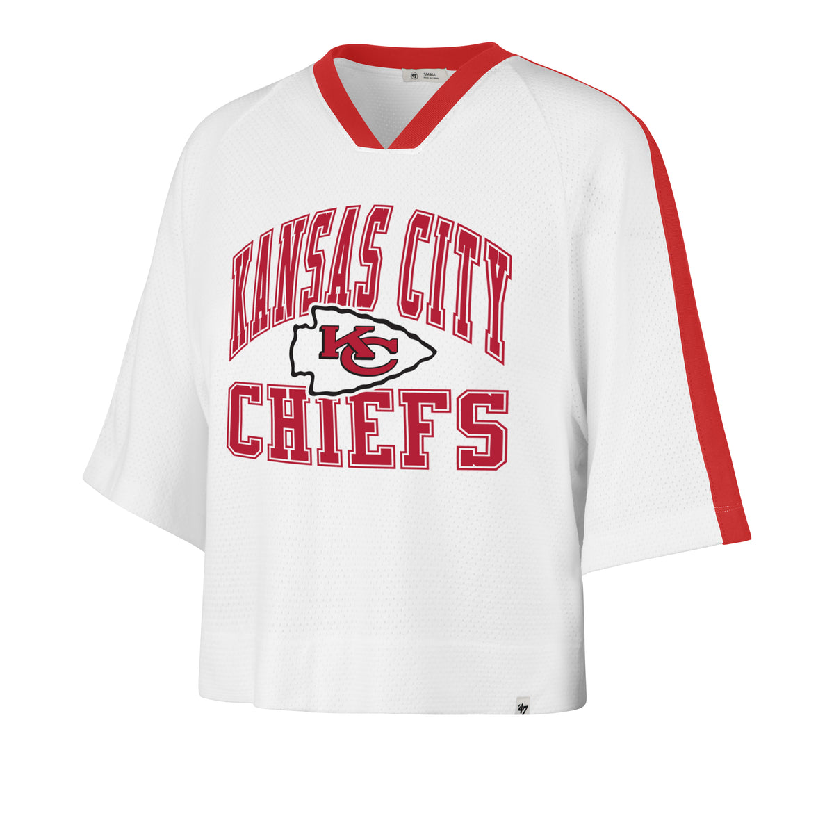Playera manga corta Cropped Oversize '47 Kansas City Chiefs NFL Big Overarch para mujer en algodón con textura jersey, estampado frontal con nombre y logo Chiefs
