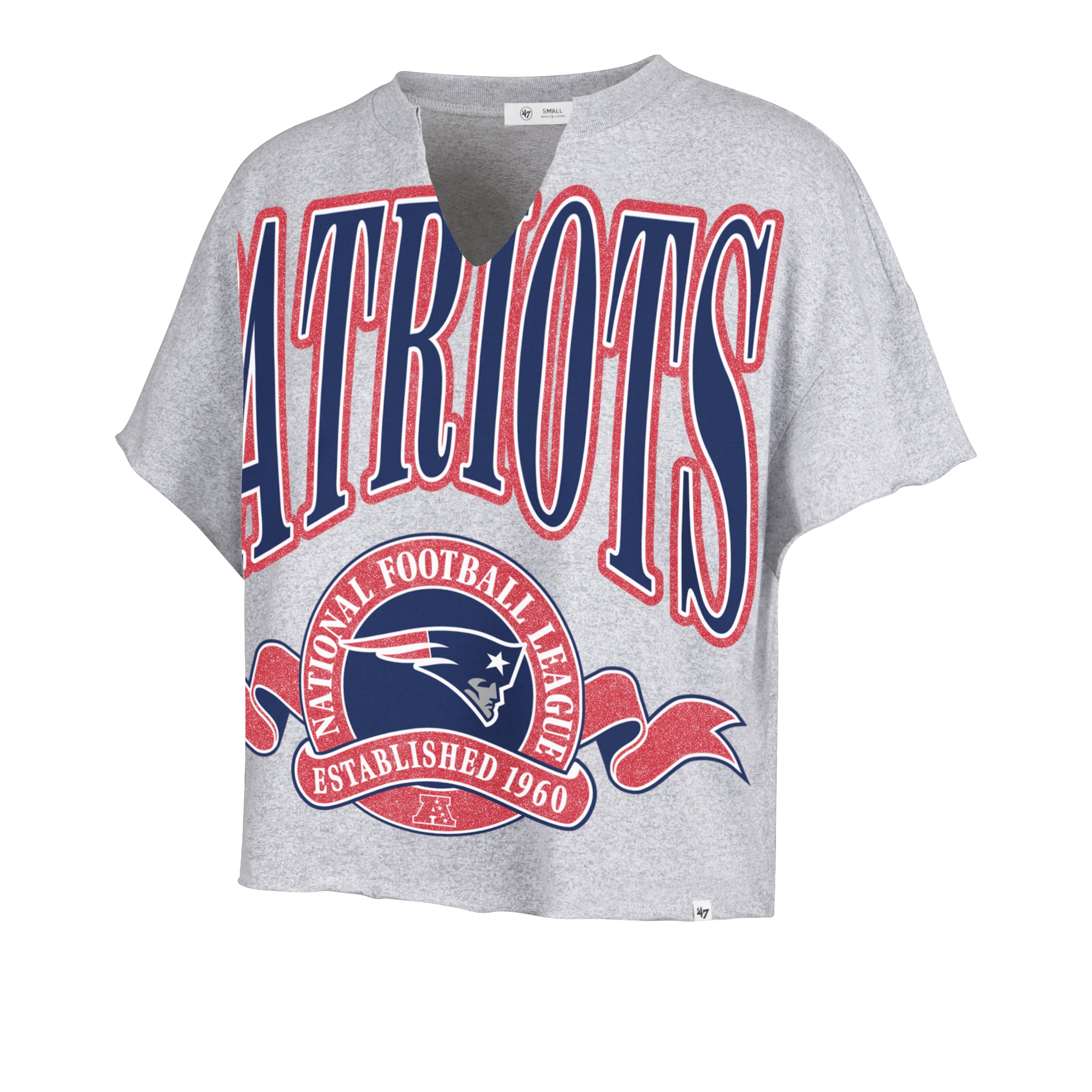 Playera manga corta '47 New England Patriots NFL Banners Out para mujer en algodón, silueta Cropped Oversize con estampado frontal del nombre y logo de los Patriots