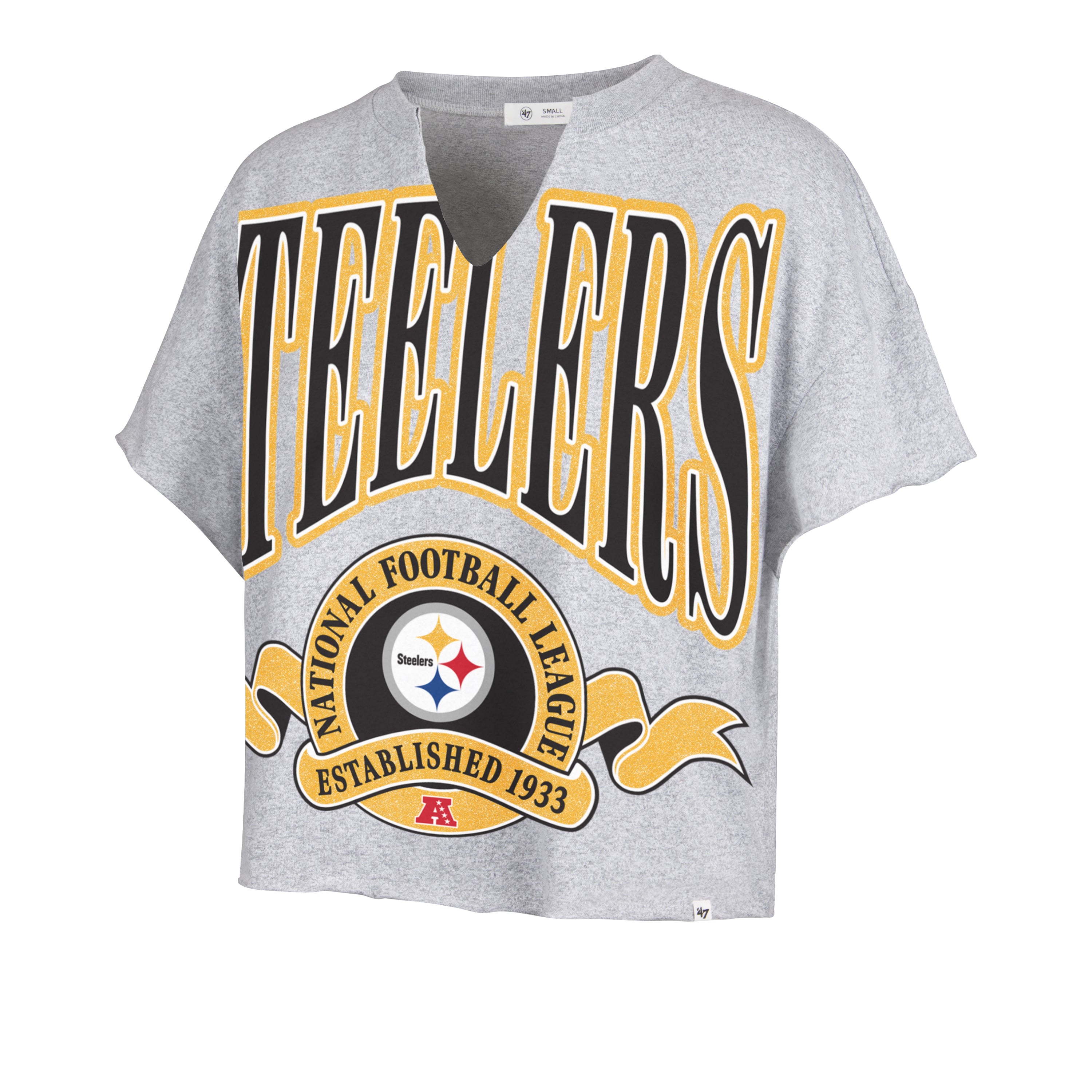 Playera manga corta '47 Pittsburgh Steelers NFL Banners Out para mujer en algodón, silueta Cropped Oversize con estampado frontal del nombre y logo de los Steelers