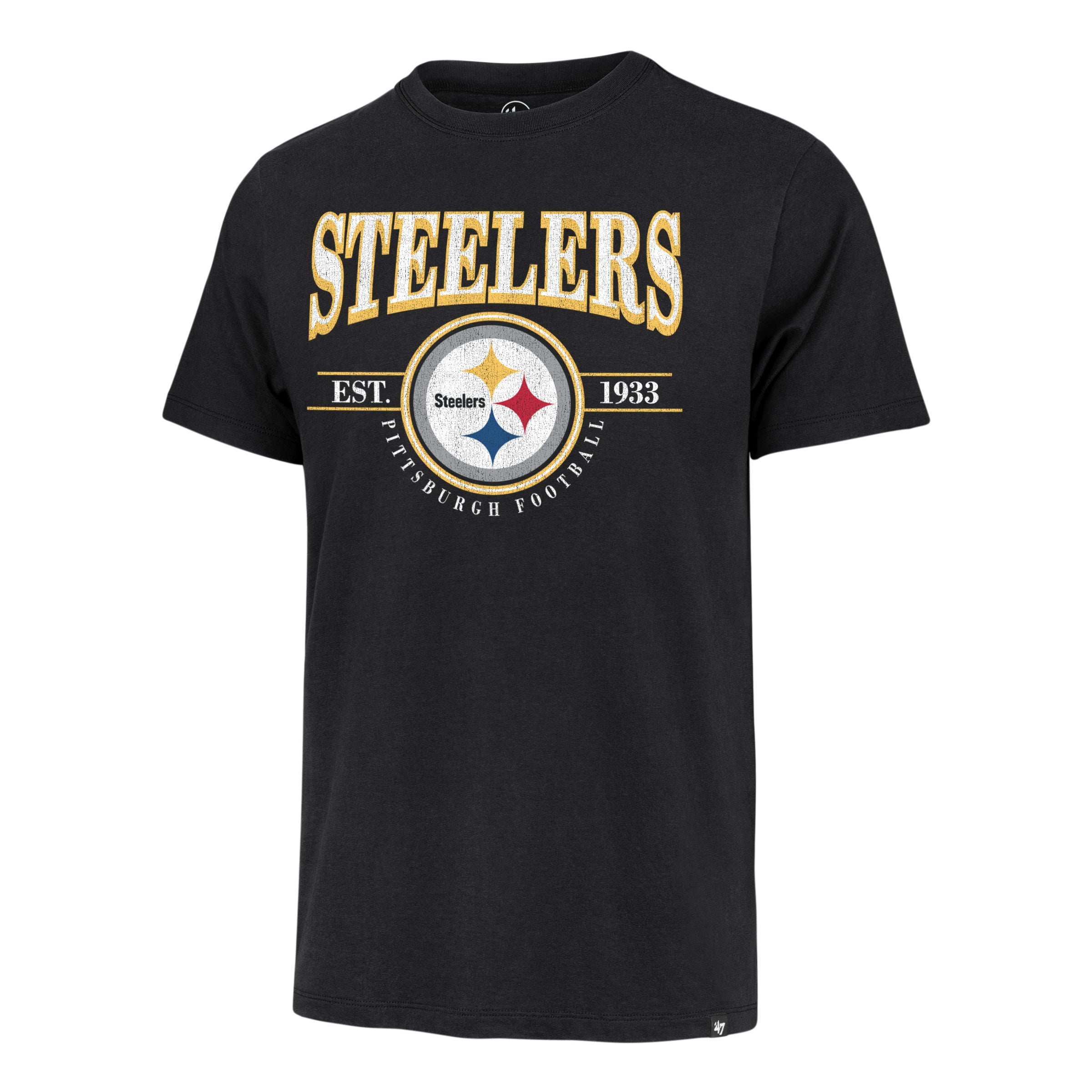 Playera manga corta '47 Pittsburgh Steelers NFL Deluxia en algodón, con logo, nombre y año de fundación de los Steelers estampado al frente, corte unisex