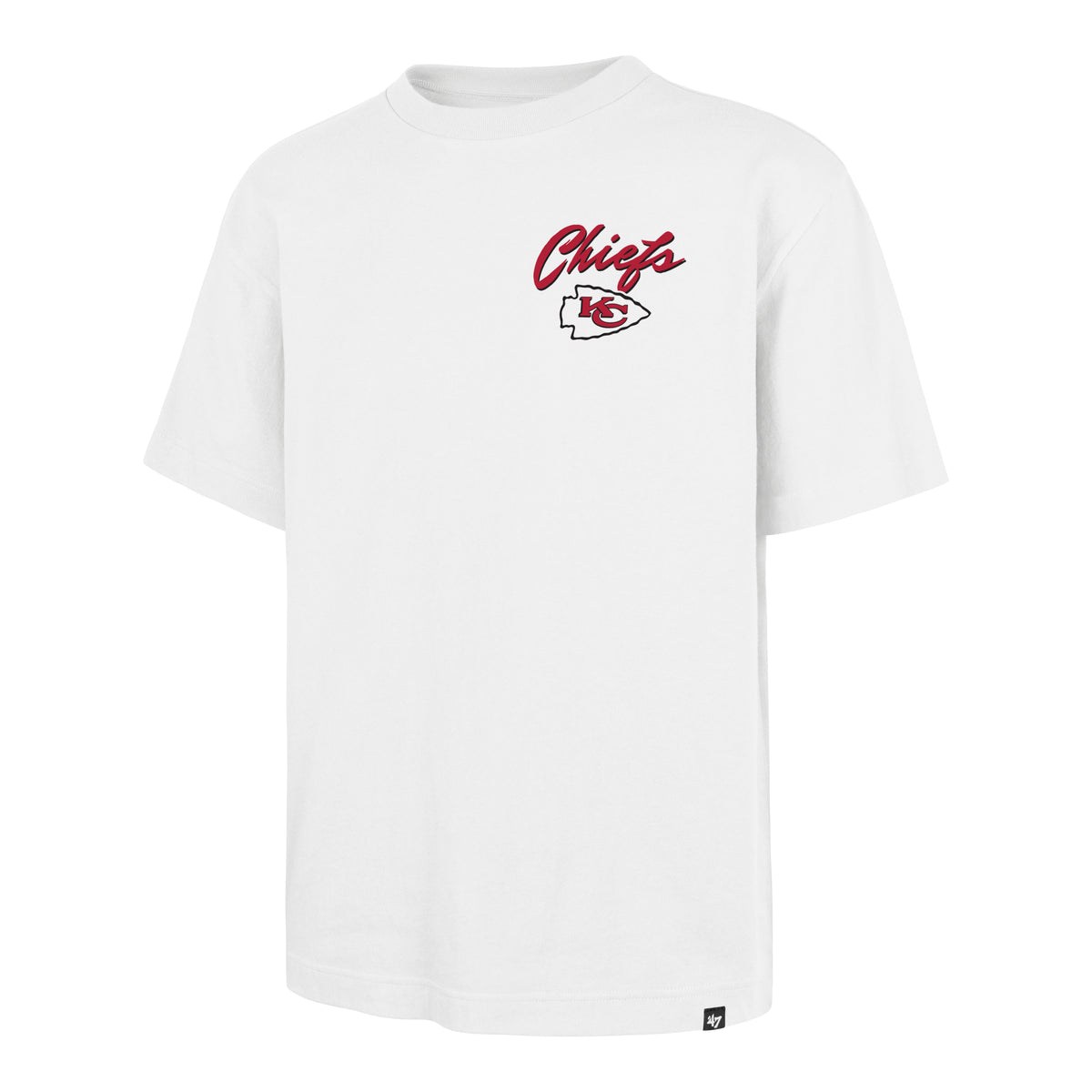 Playera manga corta '47 Kansas City Chiefs NFL Script en blanco, algodón unisex con logo al frente y gráfico de tipografía script de gran formato en la espalda