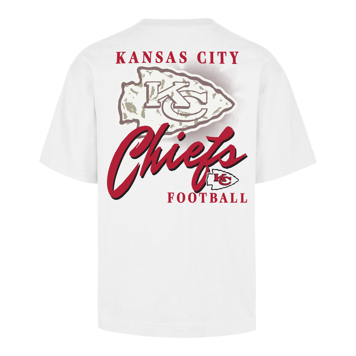 Playera manga corta '47 Kansas City Chiefs NFL Script en blanco, algodón unisex con logo al frente y gráfico de tipografía script de gran formato en la espalda