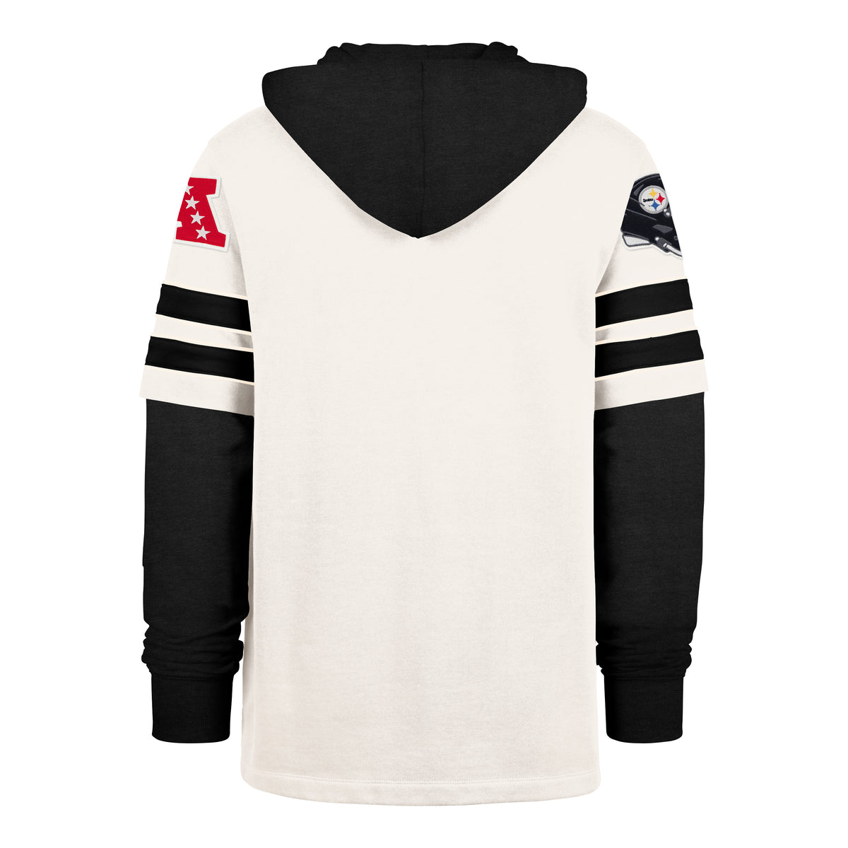 Sudadera '47 Pittsburgh Steelers NFL Split Zone II heavyweight hoodie en algodón y poliéster, bordado al frente con nombre y logo de los Steelers, casco y nombre bordado en manga derecha, logo NFL en manga izquierda