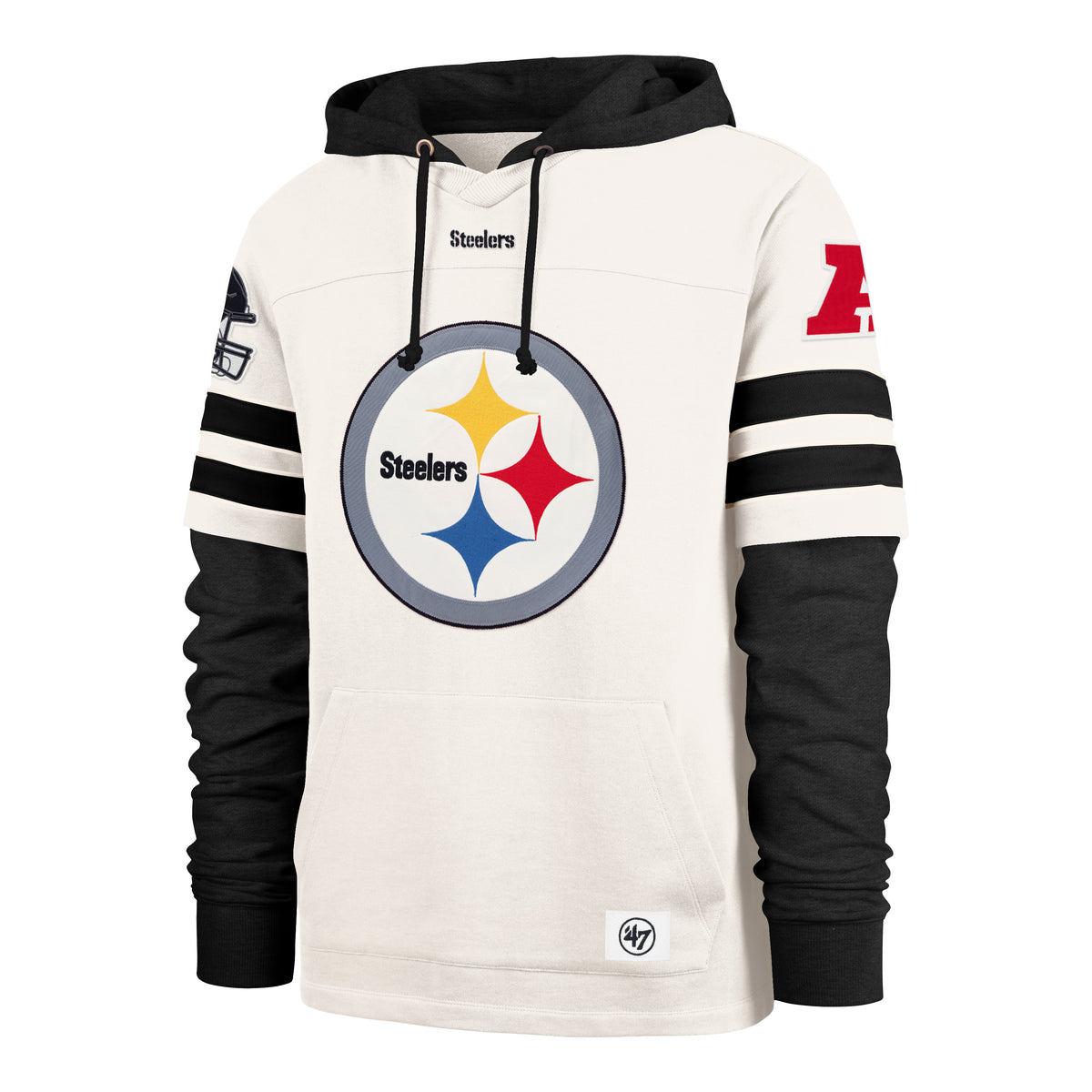 Sudadera '47 Pittsburgh Steelers NFL Split Zone II heavyweight hoodie en algodón y poliéster, bordado al frente con nombre y logo de los Steelers, casco y nombre bordado en manga derecha, logo NFL en manga izquierda