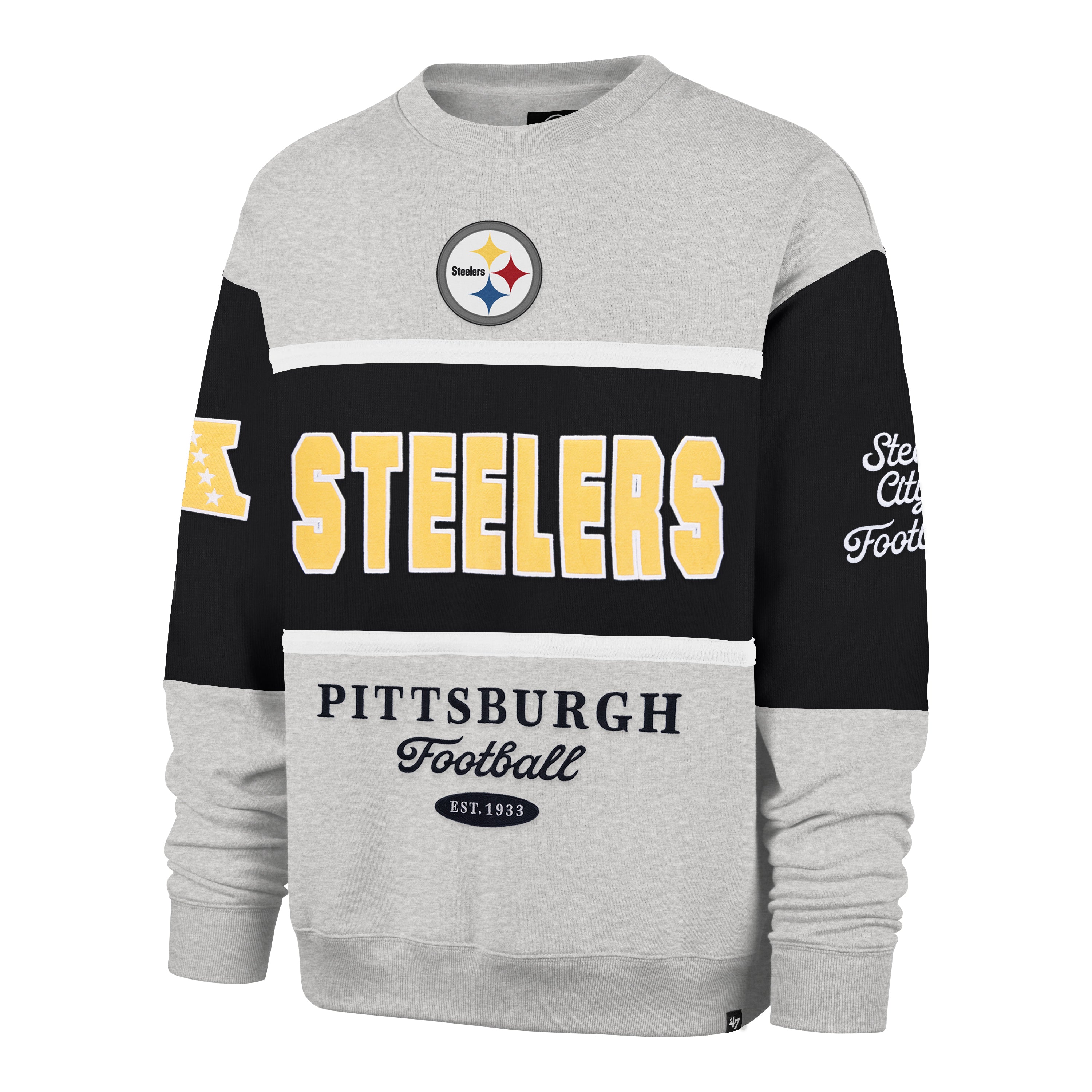 Sudadera '47 Pittsburgh Steelers NFL Blockfield en algodón con estampado frontal de nombre y logo Steelers, logo NFL en manga derecha y nombre del equipo en manga izquierda, unisex