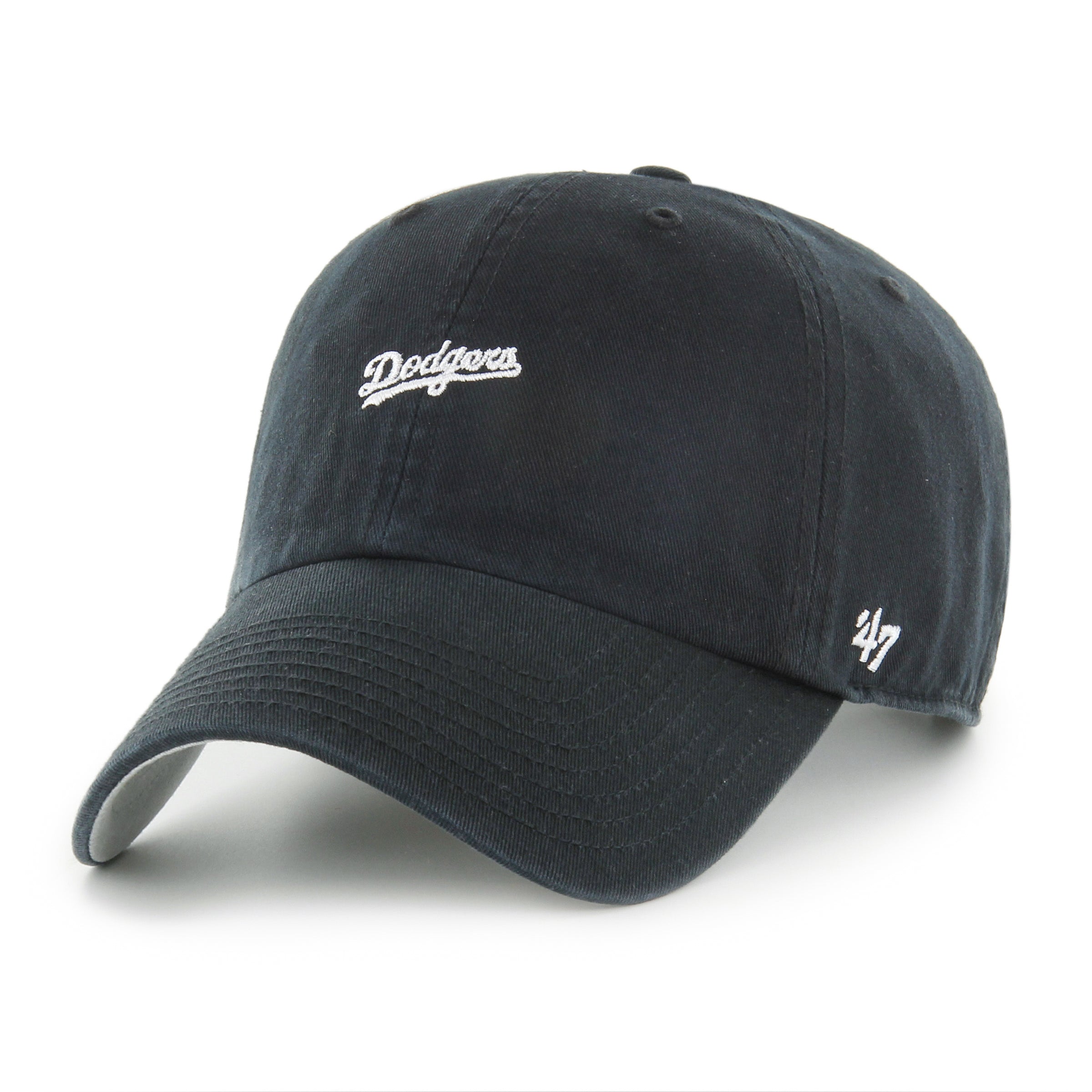 Gorra '47 Clean Up Los Angeles Dodgers MLB Base Runner Script en algodón negro, visera curva sin estructura con logo script monochrome de los Dodgers bordado al frente y emblema '47 en el lateral, cierre strapback ajustable