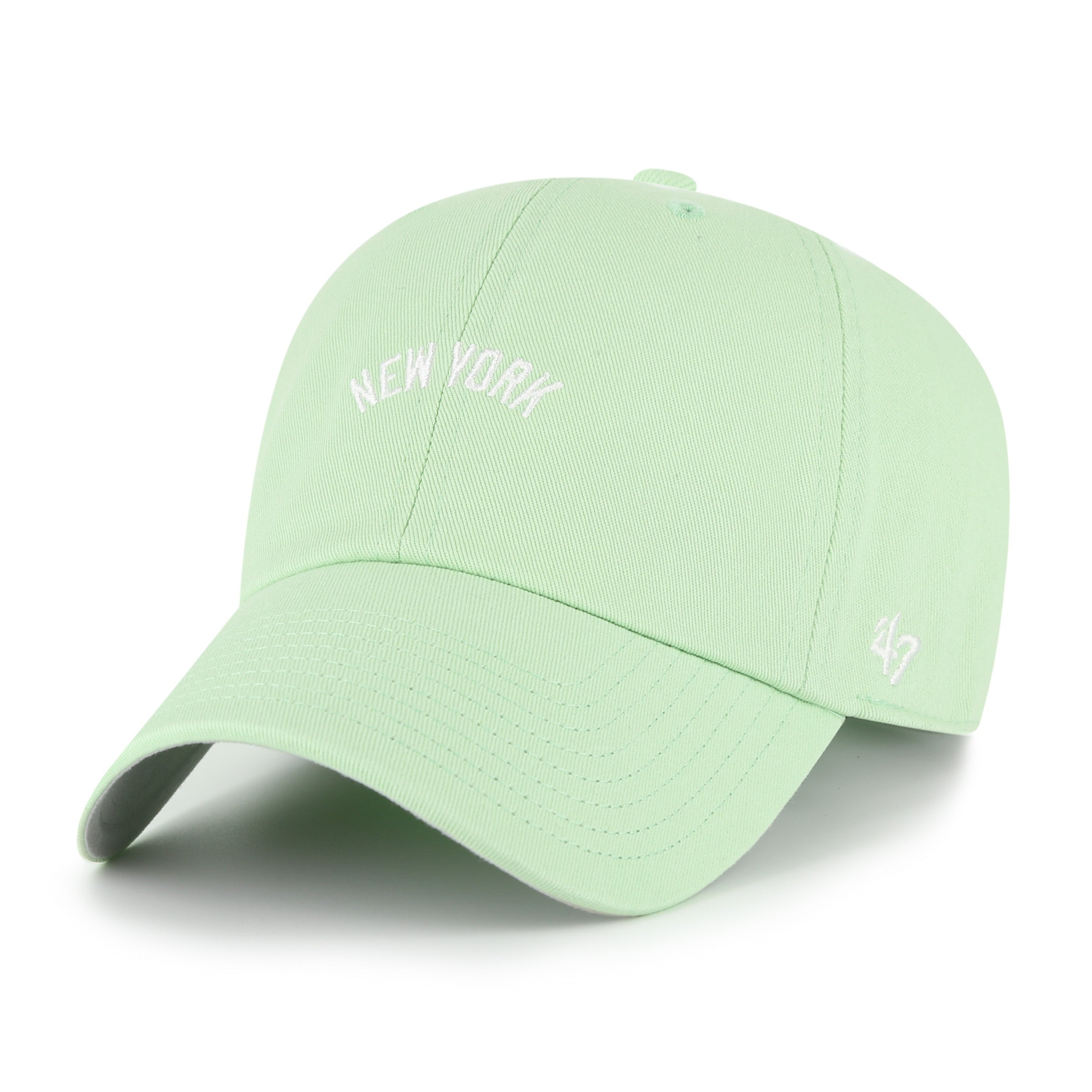 Gorra '47 Clean Up New York Yankees MLB Base Runner Script en algodón verde claro, visera curva sin estructura con logo script monochrome de los Yankees bordado al frente y emblema '47 en el lateral, cierre strapback ajustable