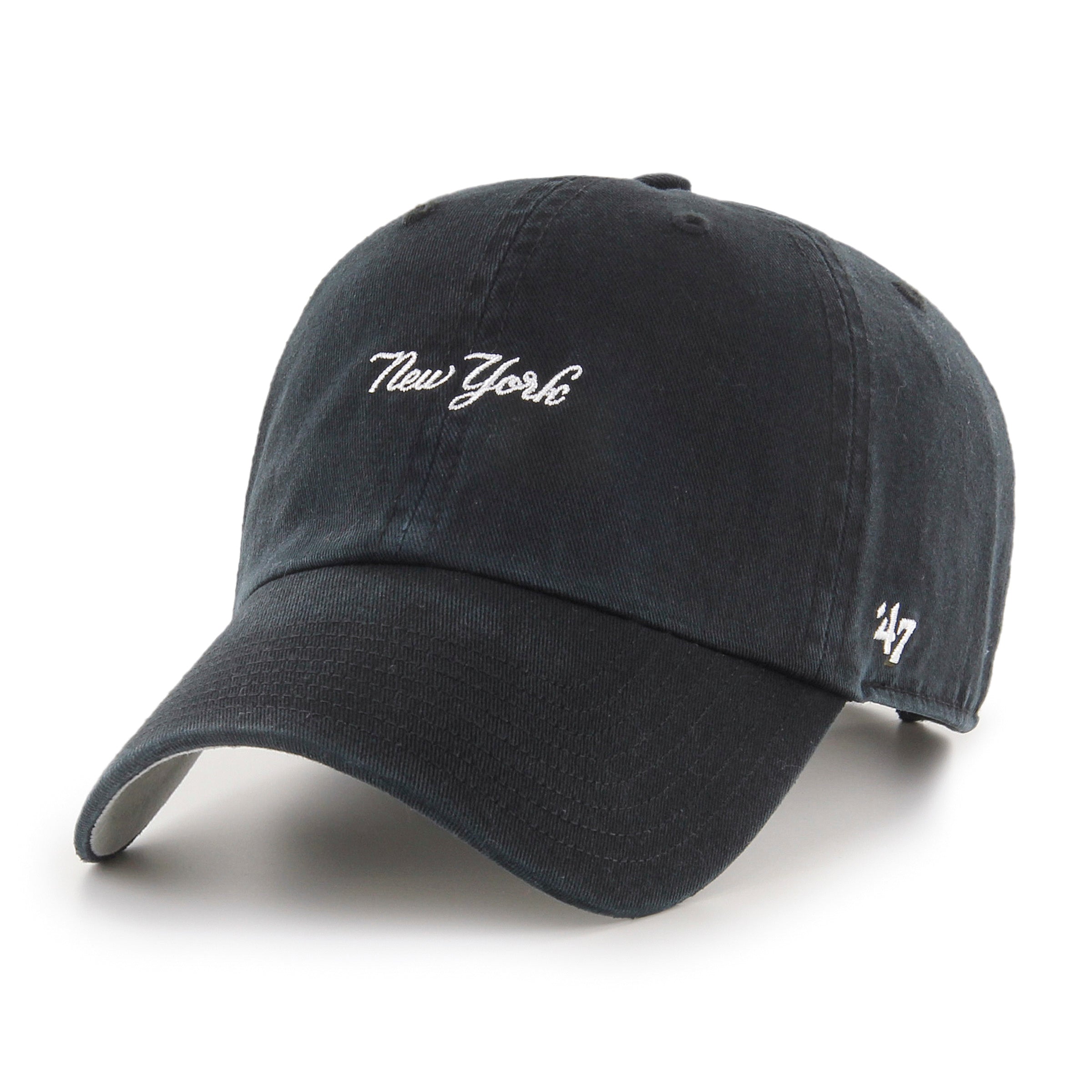Gorra '47 Clean Up New York Yankees MLB Base Runner Script en algodón negro, visera curva sin estructura con logo script monochrome de los Yankees bordado al frente y emblema '47 en el lateral, cierre strapback ajustable
