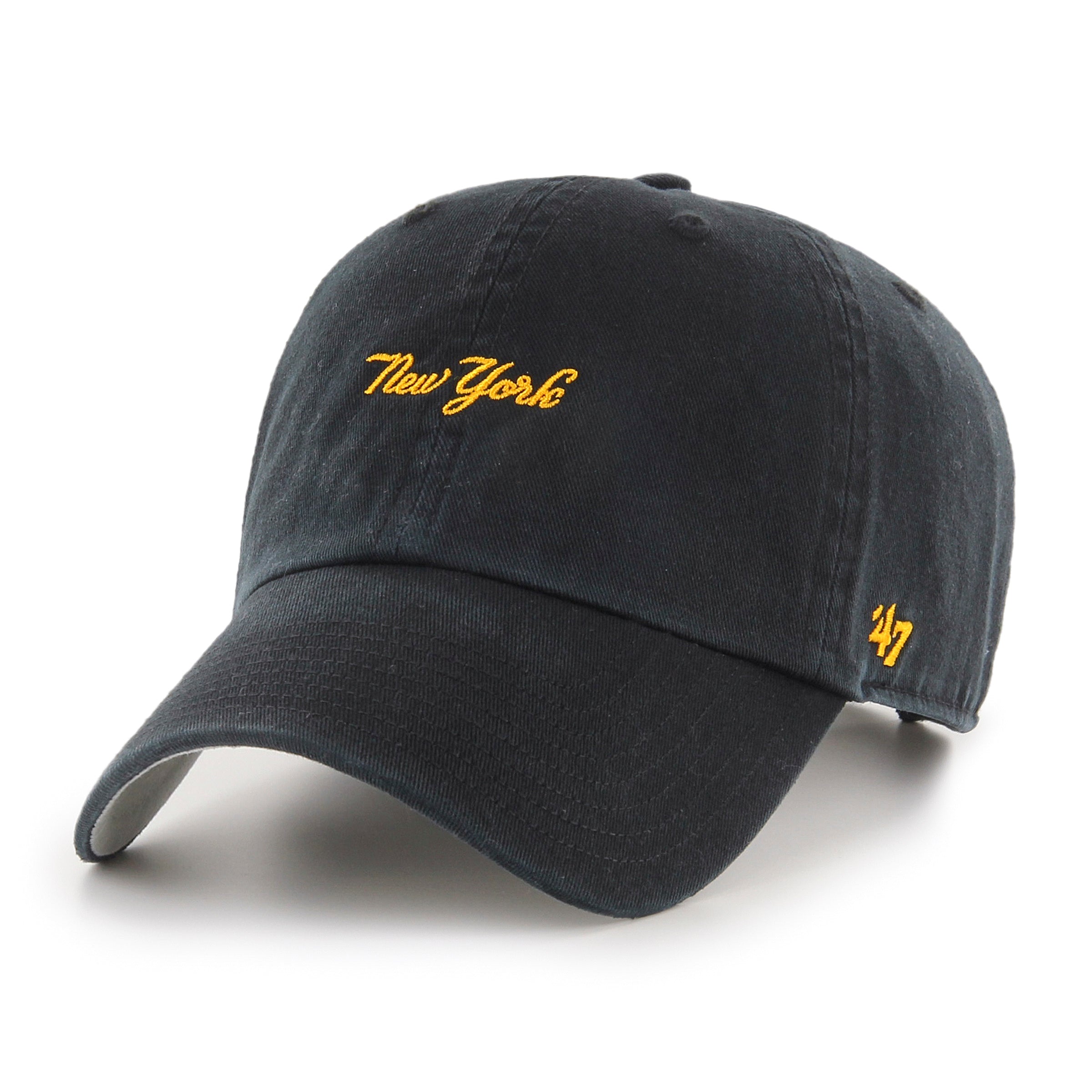 Gorra '47 Clean Up New York Yankees MLB Base Runner Script en algodón negro, visera curva sin estructura con logo script monochrome de los Yankees bordado al frente y emblema '47 en el lateral, cierre strapback ajustable