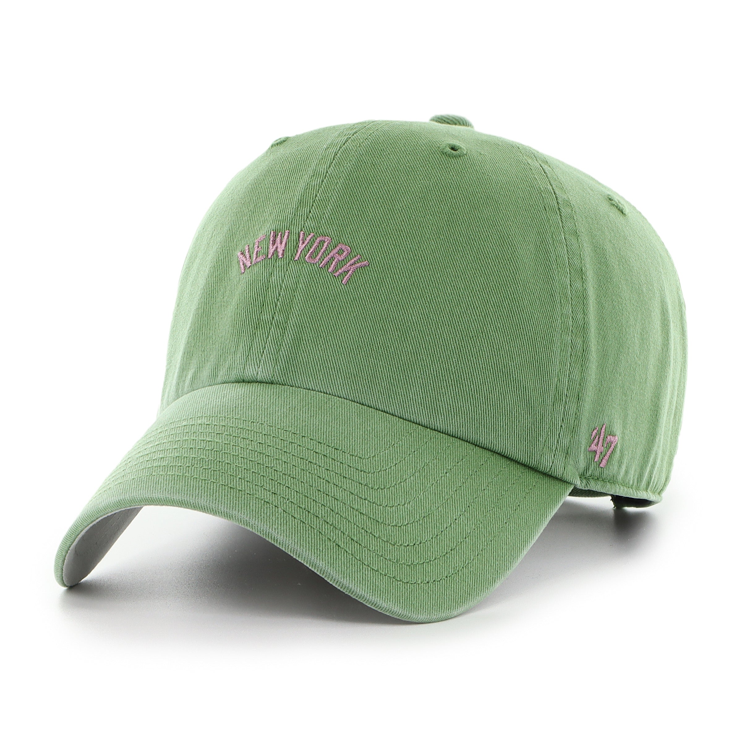 Gorra '47 Clean Up New York Yankees MLB Base Runner Script en algodón color verde olivo, visera curva sin estructura con logo script monochrome de los Yankees bordado al frente y emblema '47 en rosa en el lateral, cierre strapback ajustable