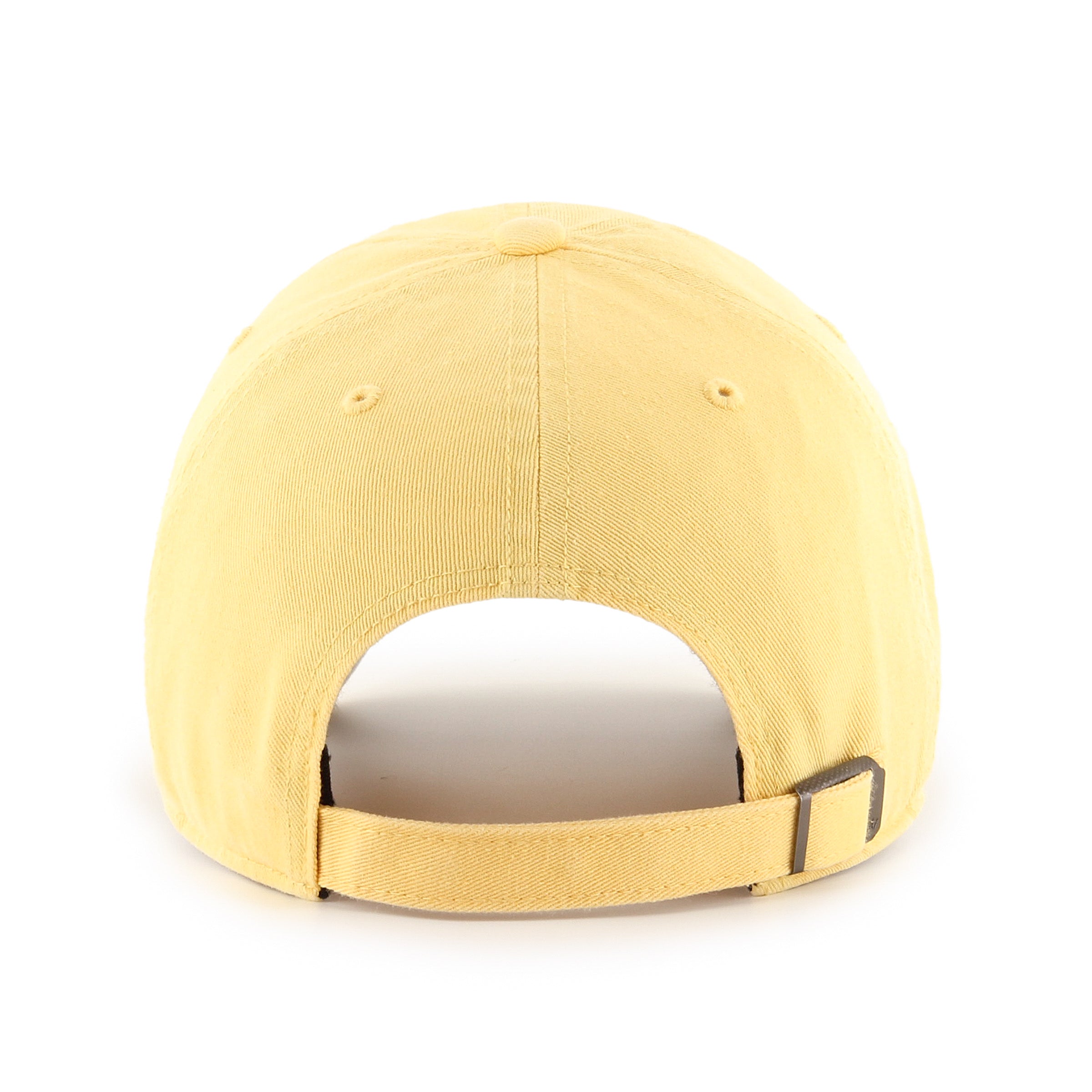 Gorra '47 Clean Up New York Yankees MLB Base Runner Script en algodón amarillo, visera curva sin estructura con logo script monochrome de los Yankees bordado al frente y emblema '47 en rosa en el lateral, cierre strapback ajustable