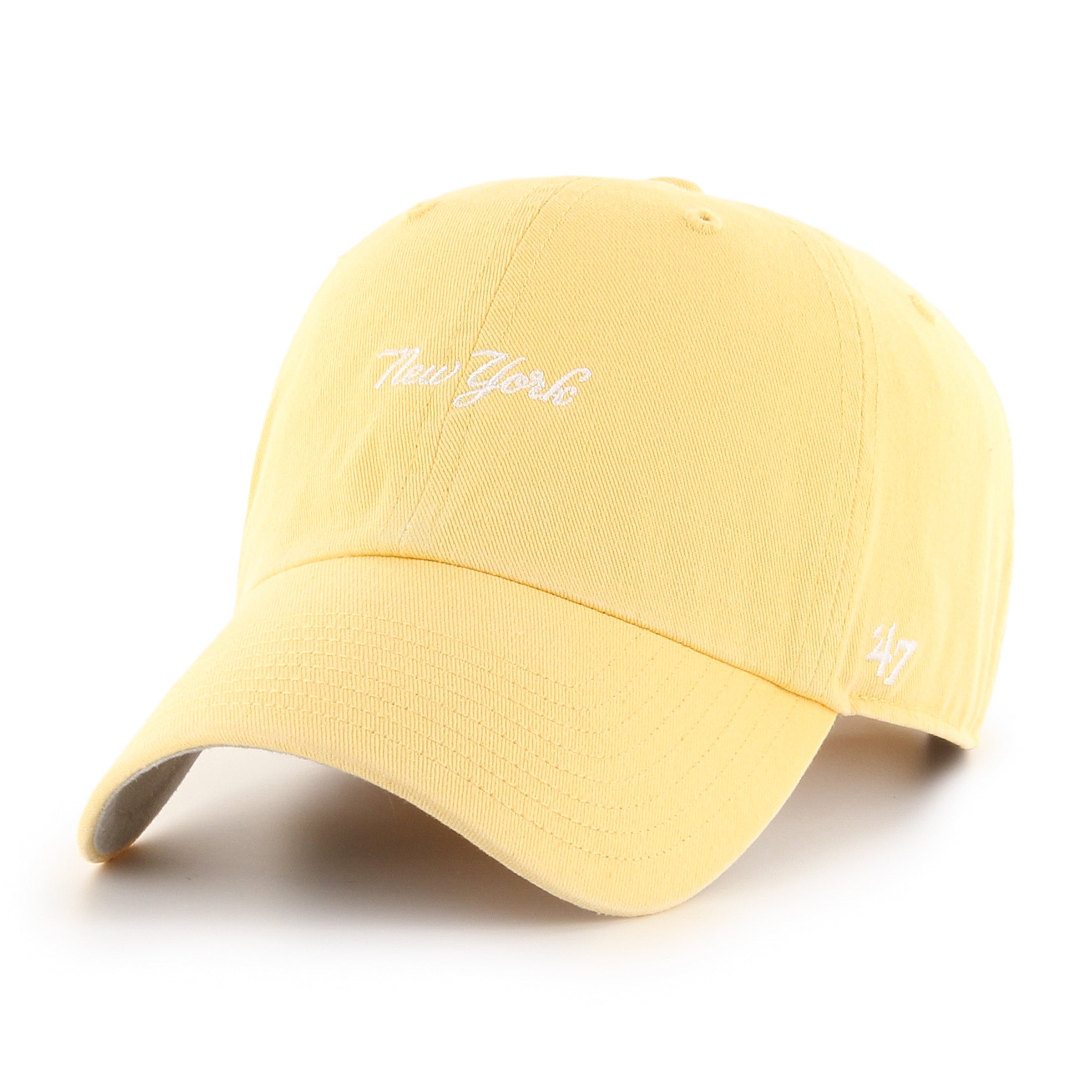 Gorra '47 Clean Up New York Yankees MLB Base Runner Script en algodón amarillo, visera curva sin estructura con logo script monochrome de los Yankees bordado al frente y emblema '47 en rosa en el lateral, cierre strapback ajustable