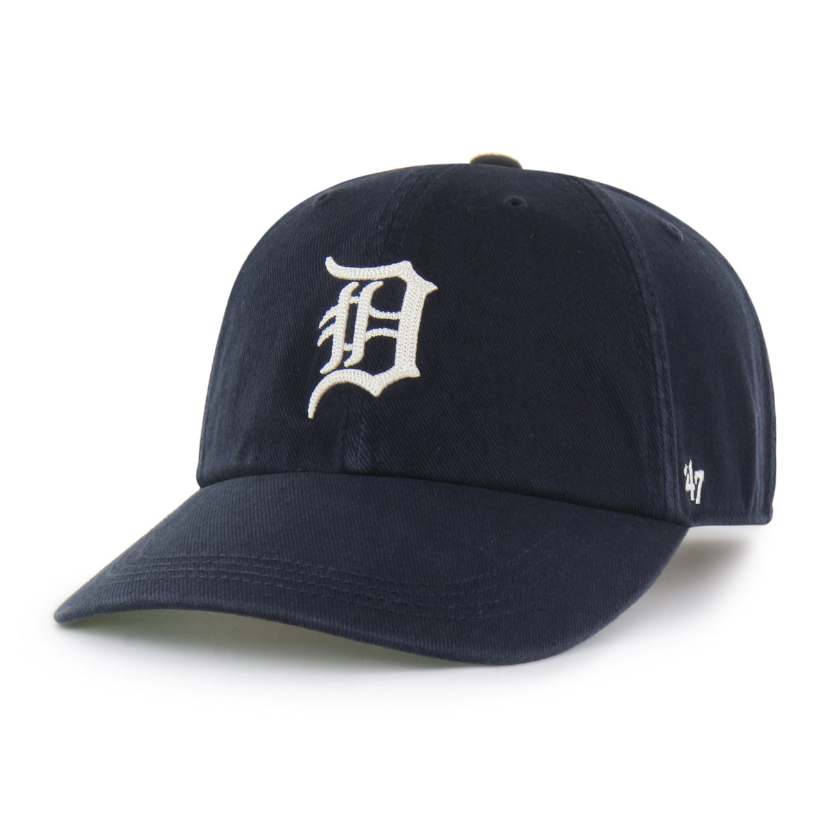 Gorra Detroit Tigers '47 Clean Up Long Visor azul marino, visera larga curva, bordado Chain Side Stitch en lateral, logo Tigers al frente, emblema '47 en lateral izquierdo