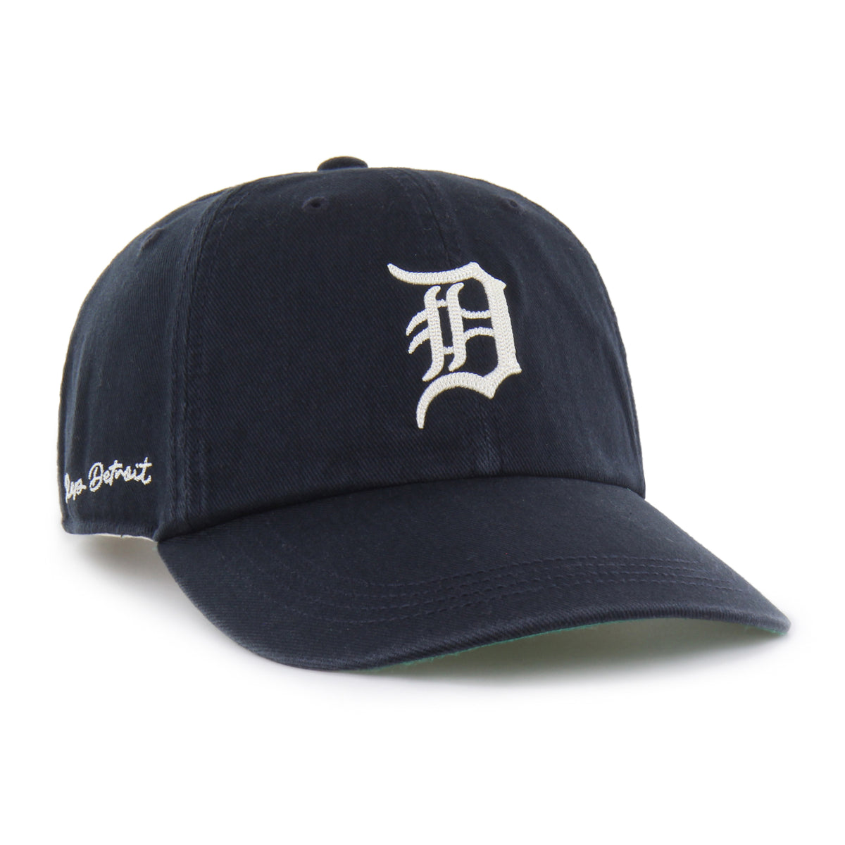 Gorra Detroit Tigers '47 Clean Up Long Visor azul marino, visera larga curva, bordado Chain Side Stitch en lateral, logo Tigers al frente, emblema '47 en lateral izquierdo