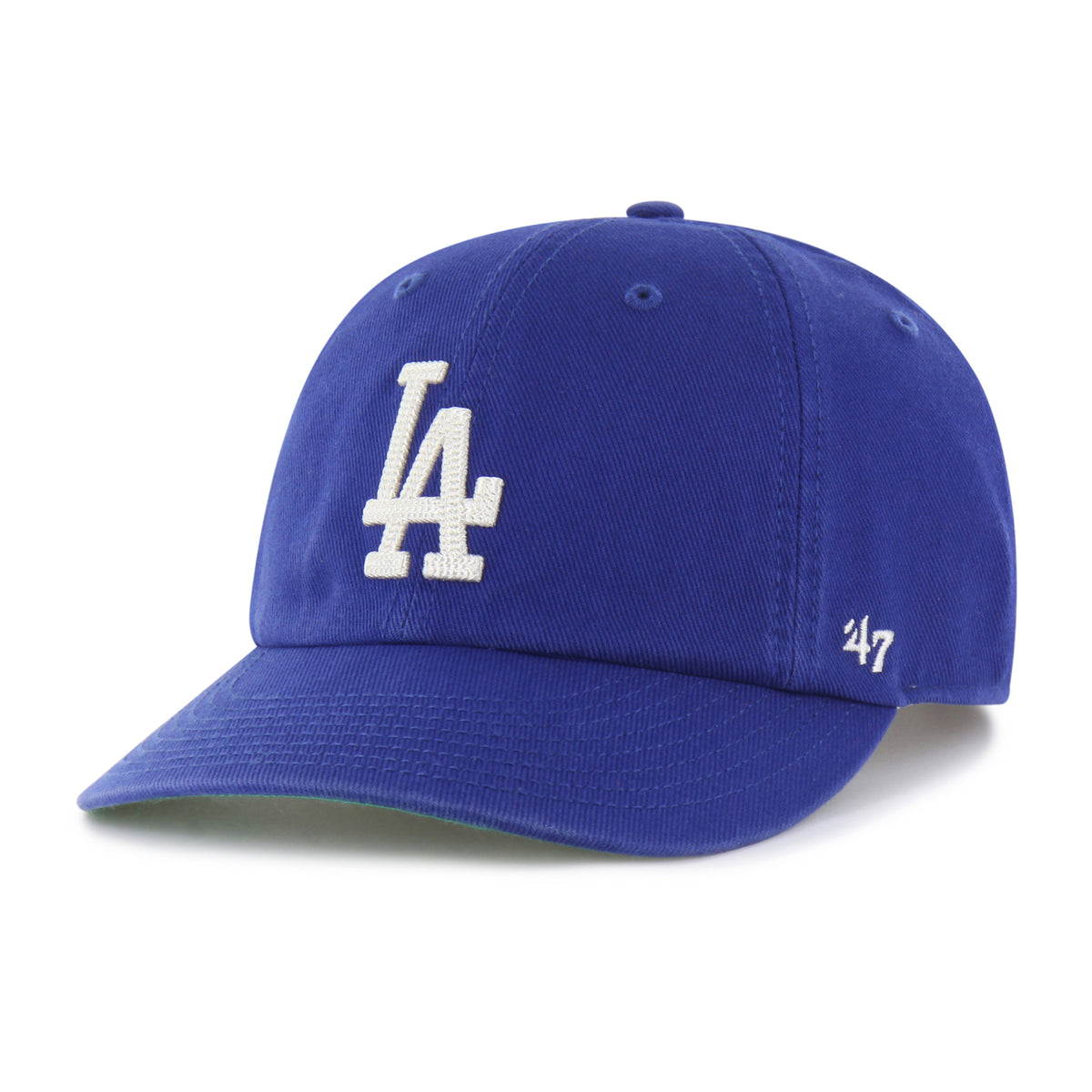 Gorra Los Angeles Dodgers '47 Clean Up Round Visor azul rey, visera redonda, bordado Chain Side Stitch en lateral, logo Dodgers al frente, emblema '47 en lateral izquierdo