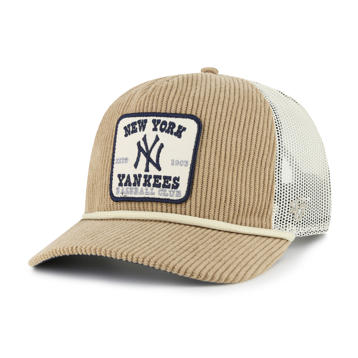 Gorra '47 Hitch RF New York Yankees MLB Cord Land caqui en pana con malla mesh trasera, plate con logo y nombre Yankees bordado al frente y snapback ajustable