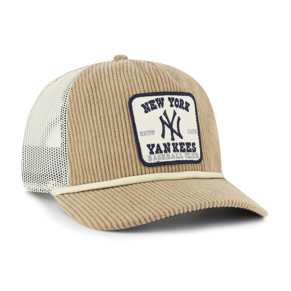 Gorra '47 Hitch RF New York Yankees MLB Cord Land caqui en pana con malla mesh trasera, plate con logo y nombre Yankees bordado al frente y snapback ajustable