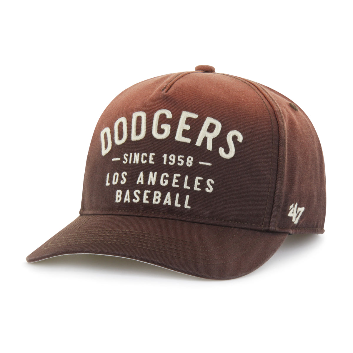 Gorra '47 Hitch RF Los Angeles Dodgers MLB Dusted Laramie café en algodón con acabado desgastado, nombre Dodgers bordado al frente, logo lateral y snapback ajustable